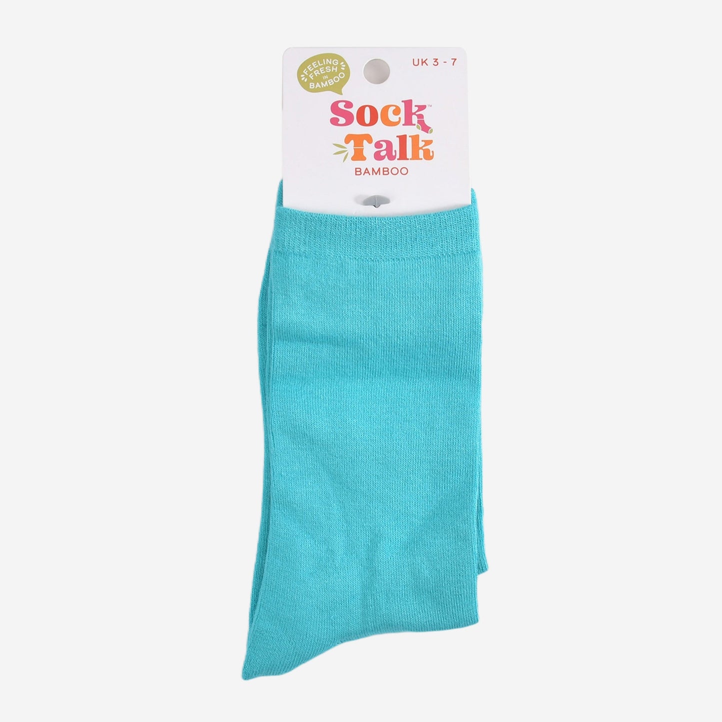 plain turquoise bamboo socks in their sock talk packaging, these socks are a uk size 3-7