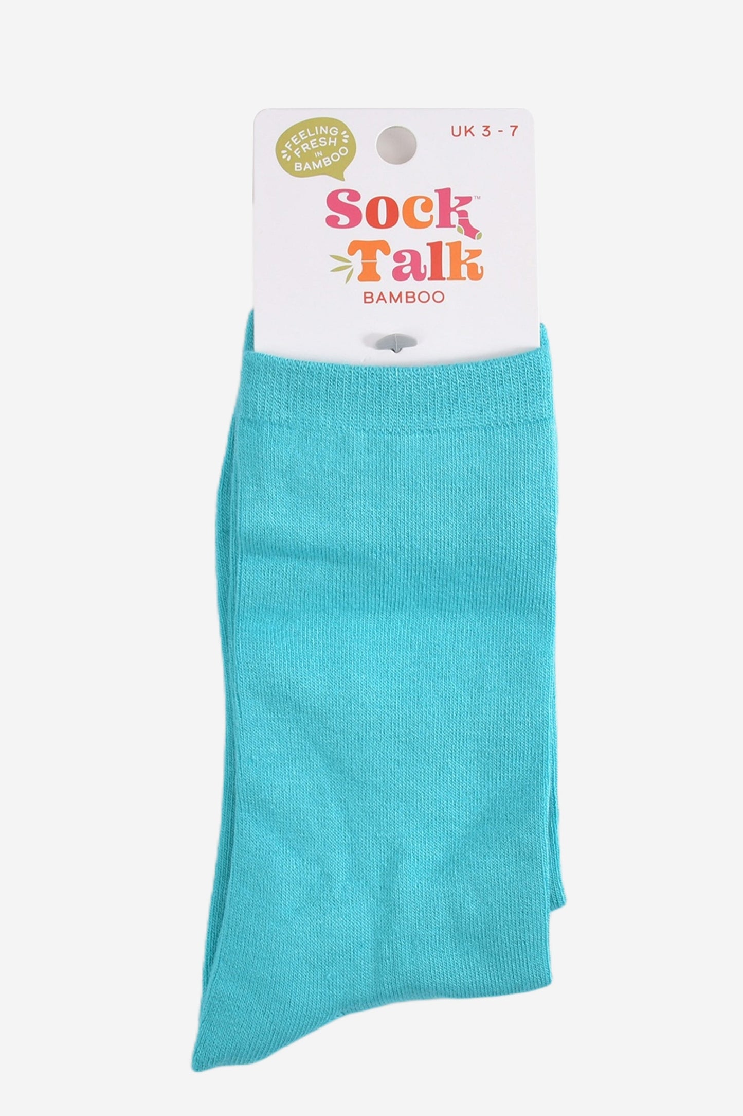 plain turquoise bamboo socks in their sock talk packaging, these socks are a uk size 3-7