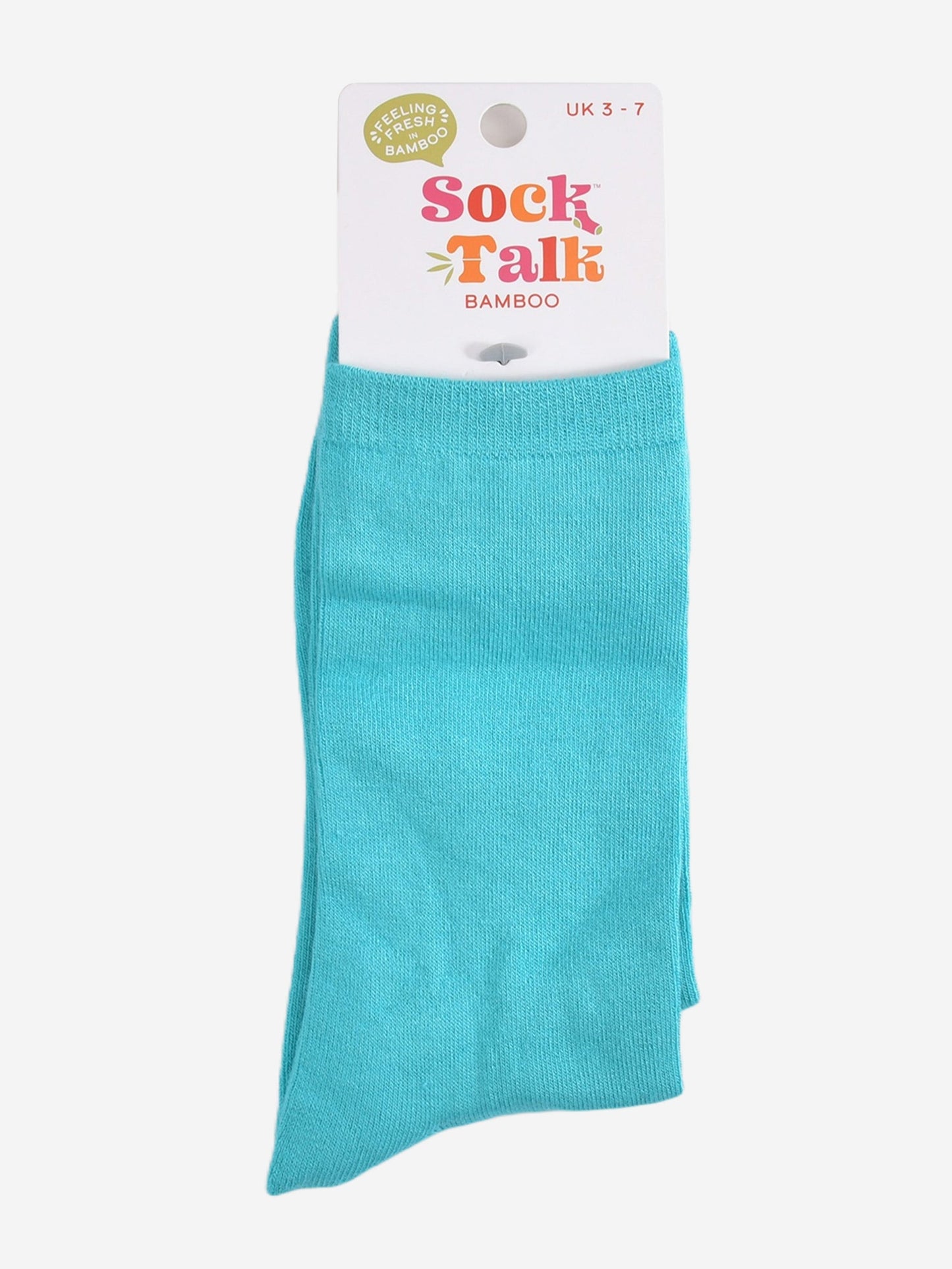 plain turquoise bamboo socks in their sock talk packaging, these socks are a uk size 3-7