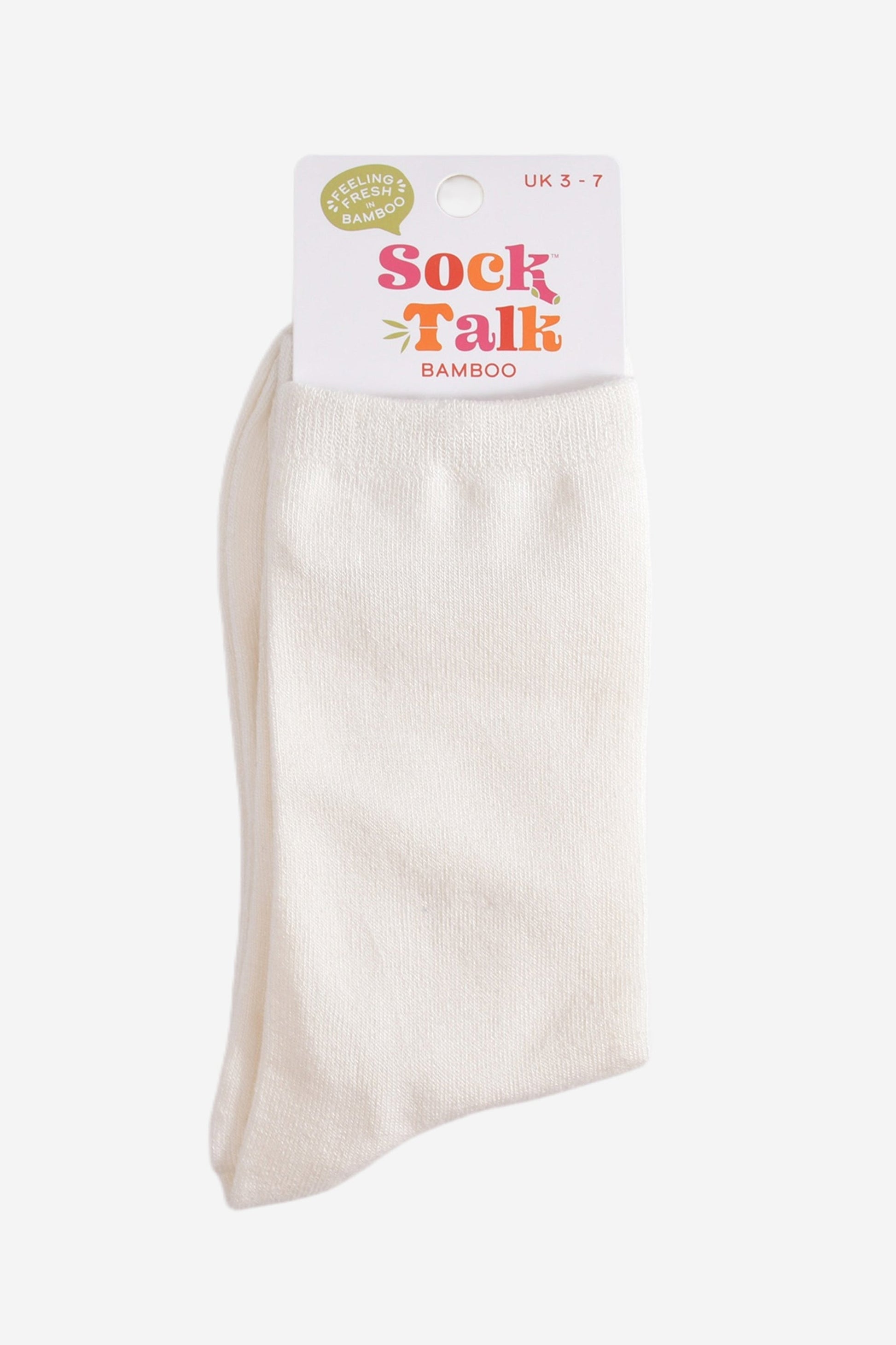 plain white bamboo socks in their sock talk packaging, the socks are a uk size 3-7
