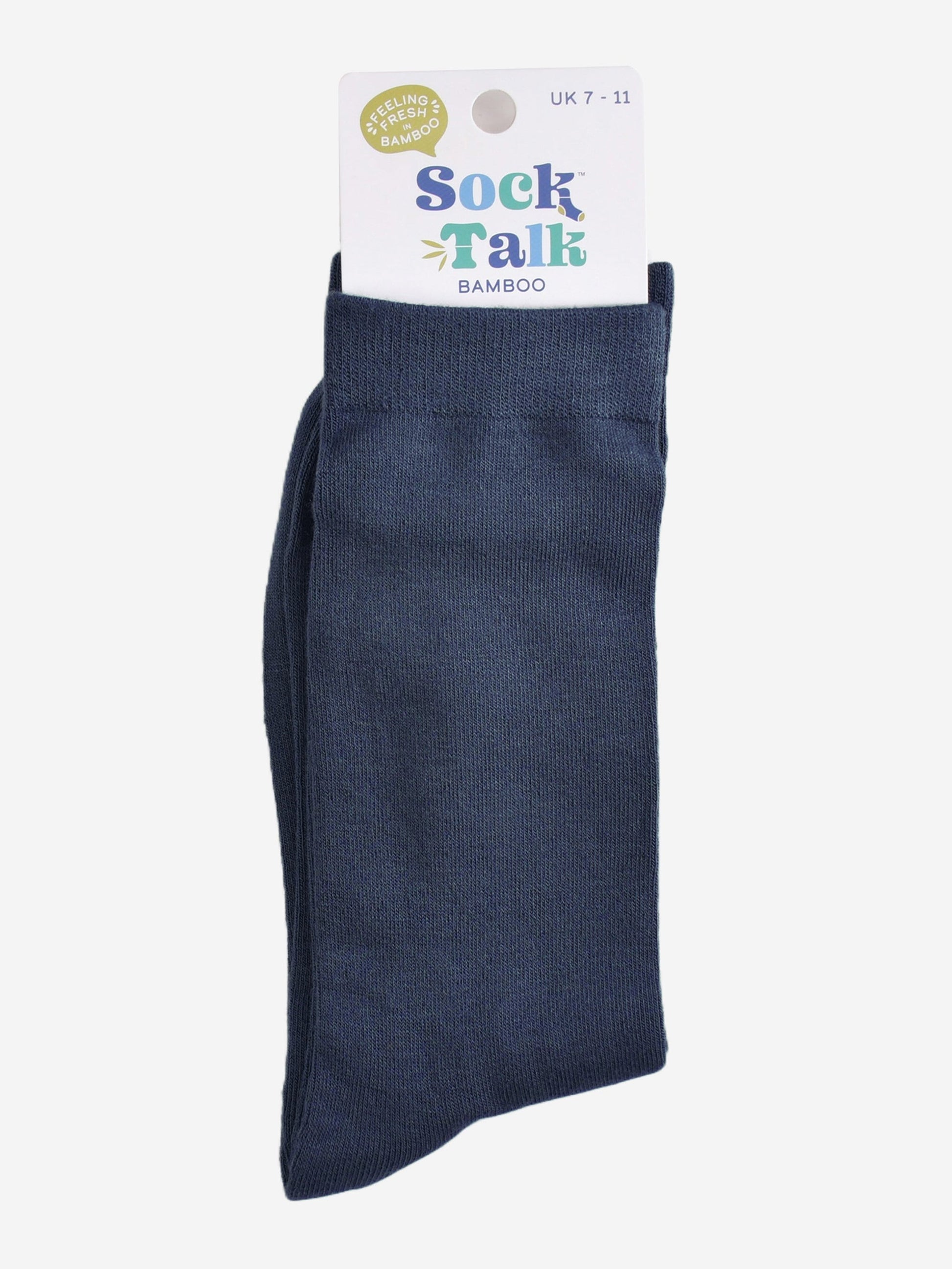 navy blue bamboo socks in their sock talk packaging, these socks are a uk size 7-11