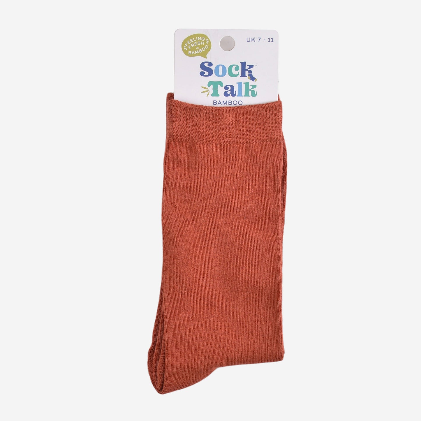 rust orange bamboo socks in their sock talk packaging, these socks are a uk size 7-11