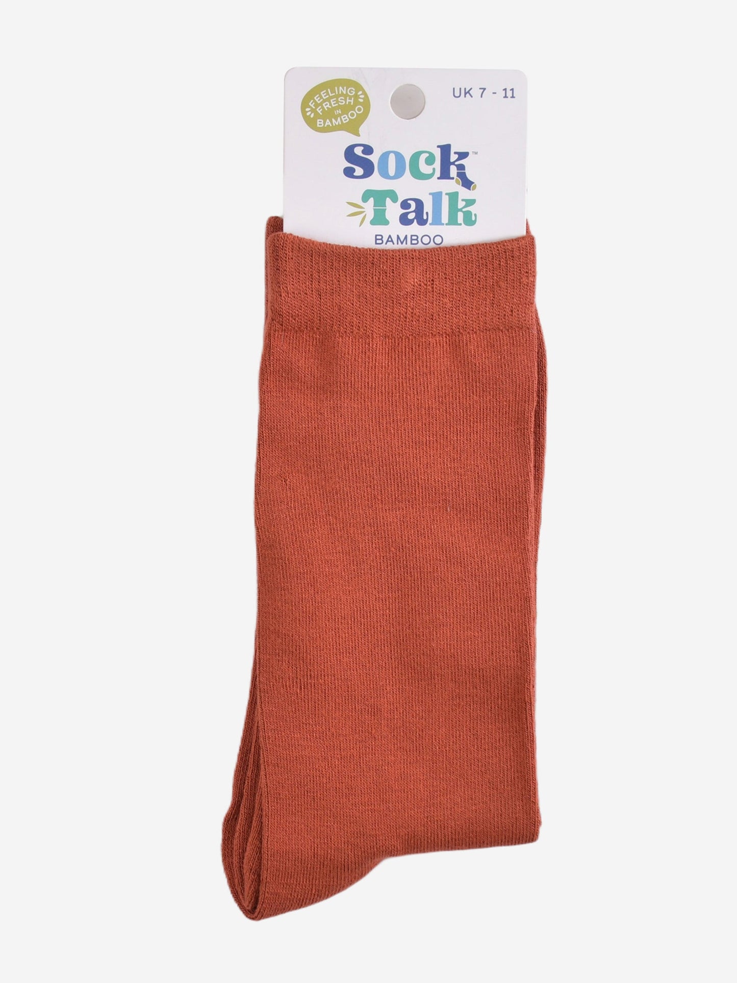 rust orange bamboo socks in their sock talk packaging, these socks are a uk size 7-11