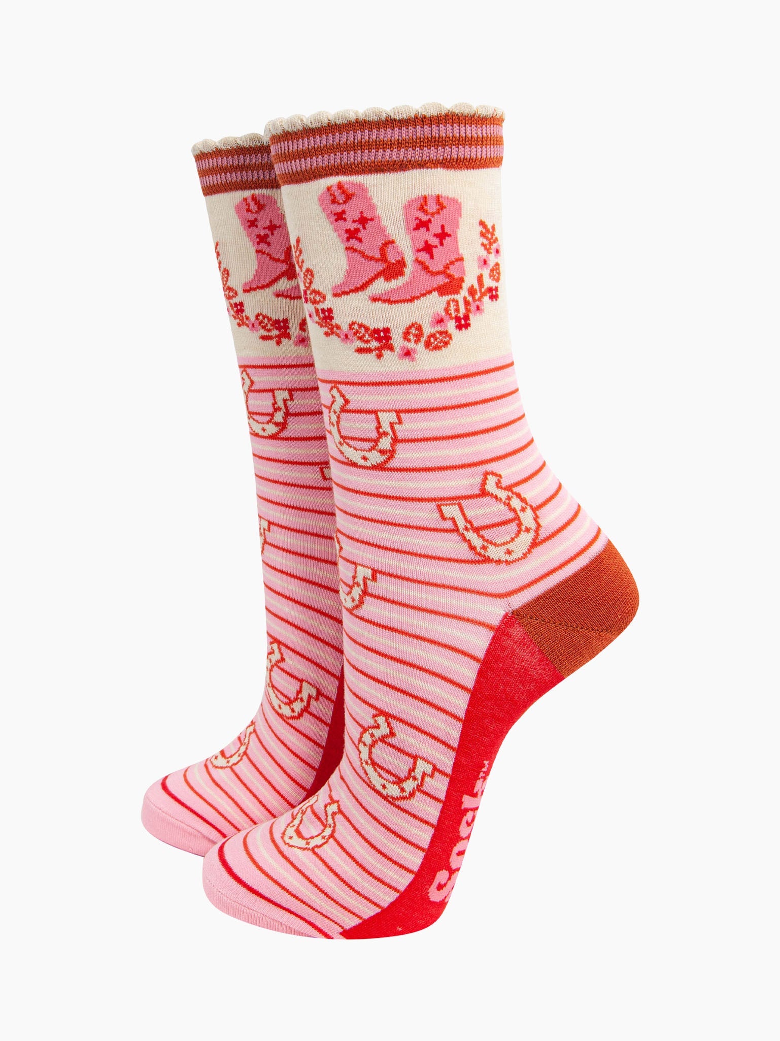 womens-bamboo-socks-cream-pink-cowboy-boot-stripe-cowboy-boots-floral-wreath-pintriped-horseshoes