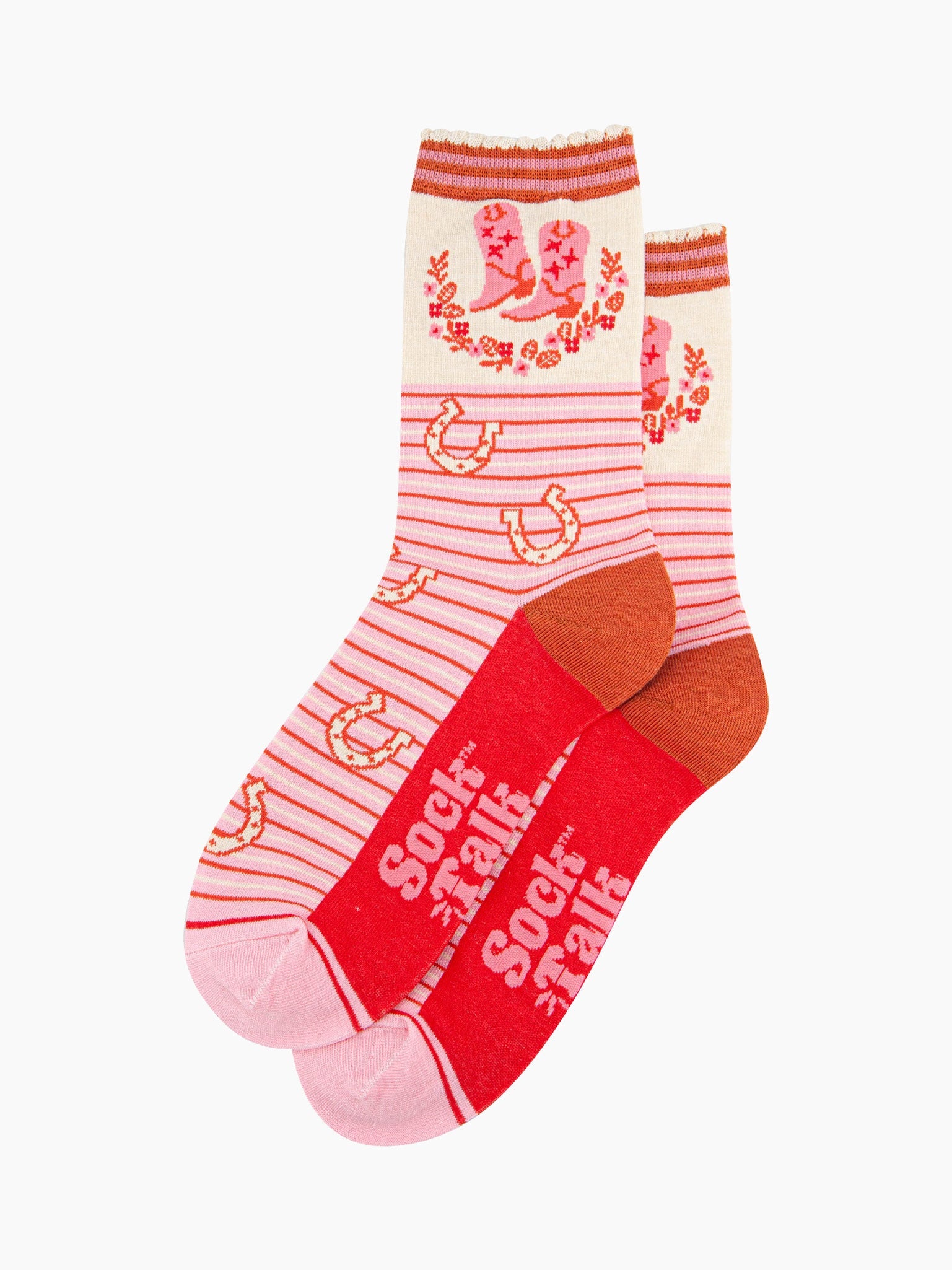 womens-bamboo-socks-cream-pink-cowboy-boot-stripe-laying-flat-the-body-is-striped-with-scattered-horseshoes-the-ankle-features-cowboy-boots-and-a-floral-wreath