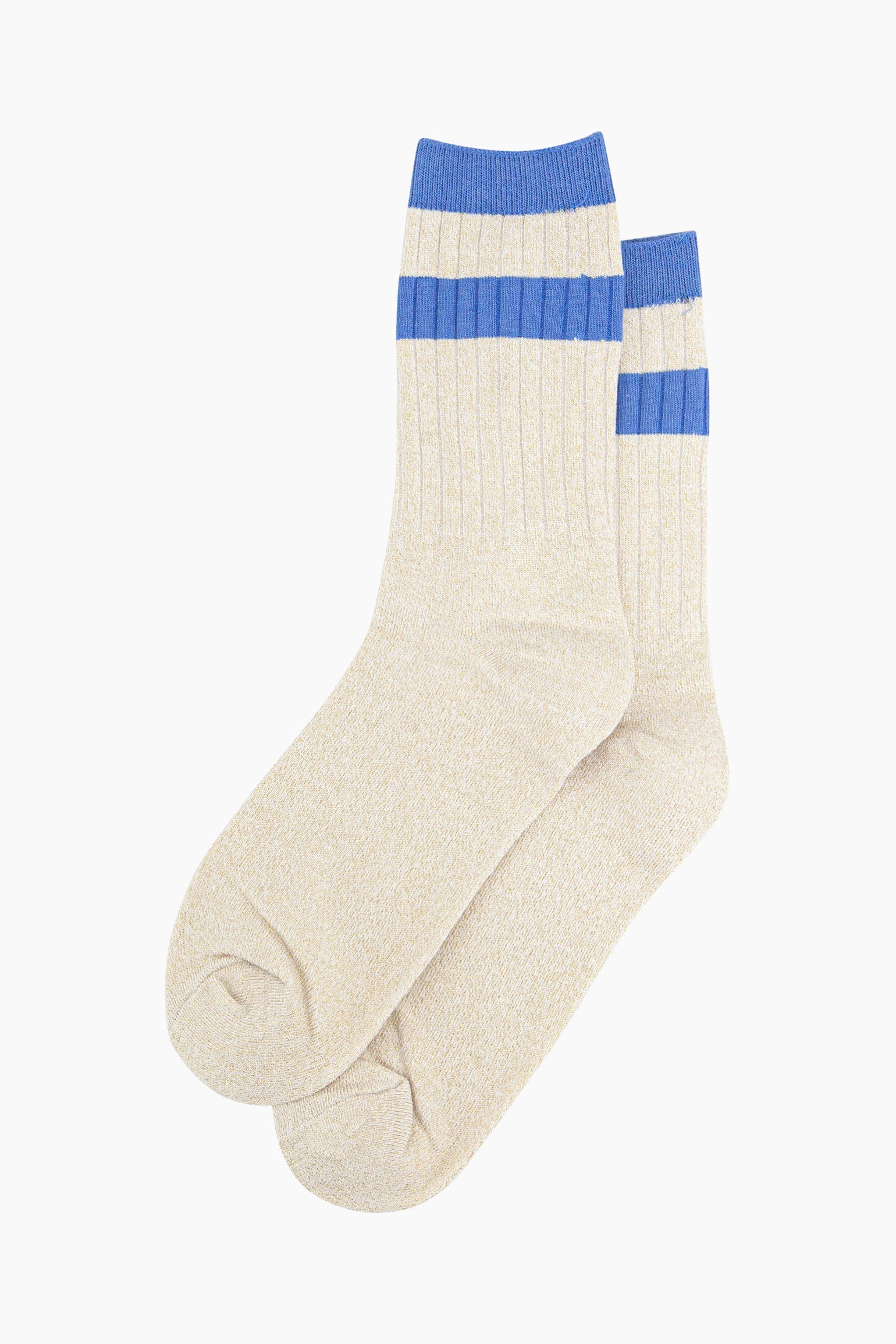 womens-glitter-socks-cream-denim-blue-striped-cuff-laying-flat-sports-style-ribbed-cotton-sparkly