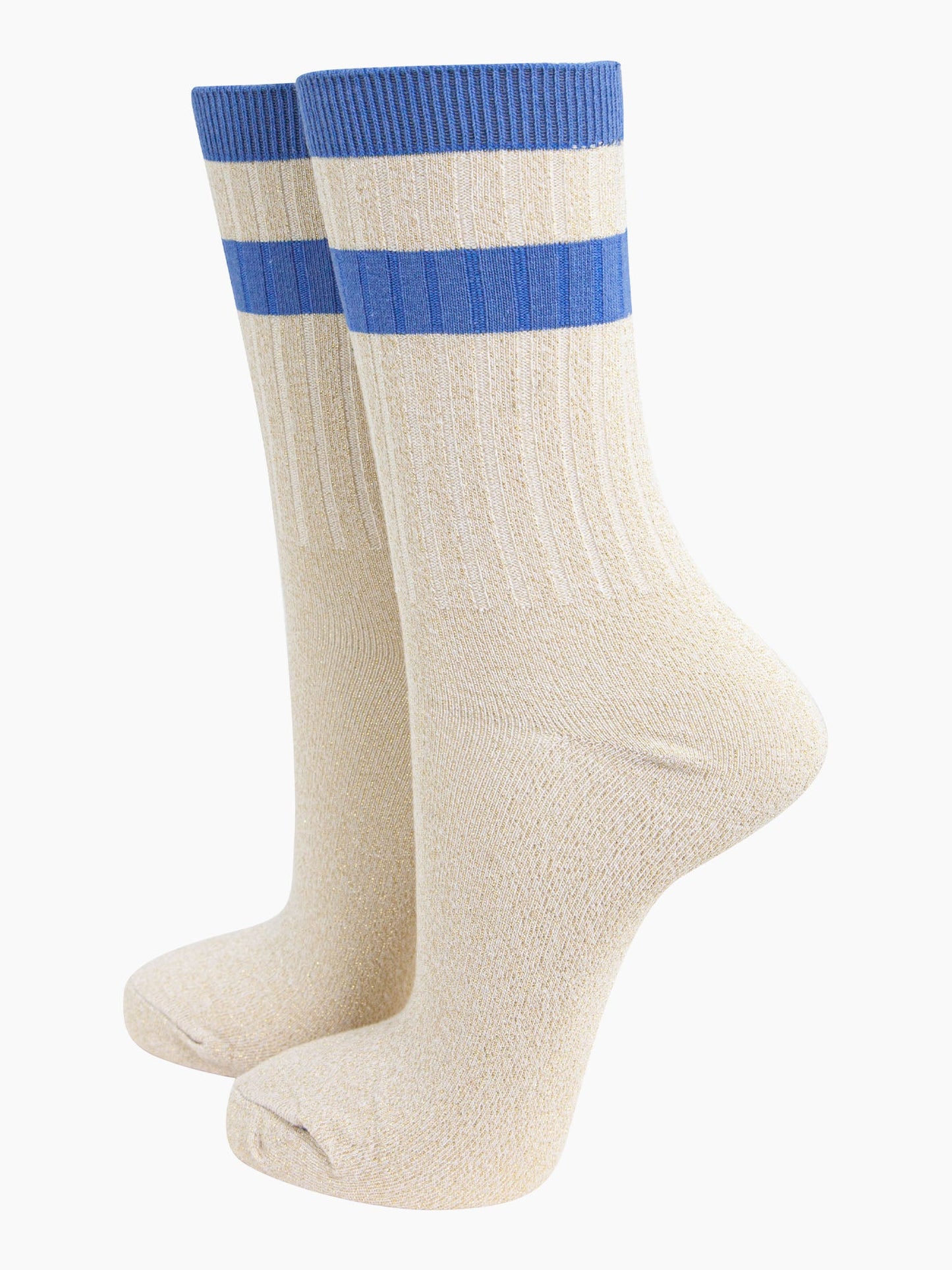 womens-glitter-socks-cream-denim-blue-striped-cuff-ribbed-cotton-ankle