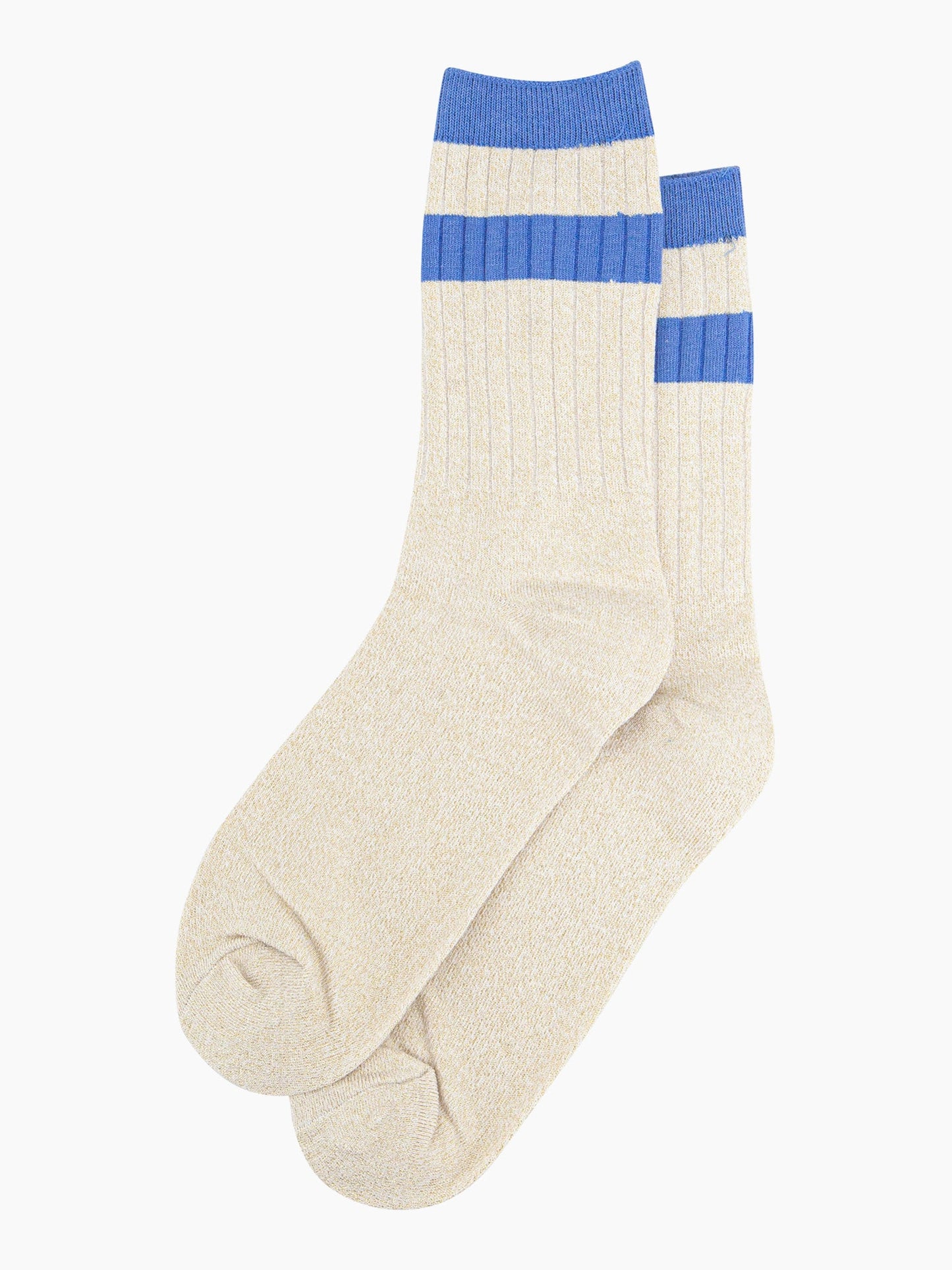 womens-glitter-socks-cream-denim-blue-striped-cuff-laying-flat-sports-style-ribbed-cotton-sparkly