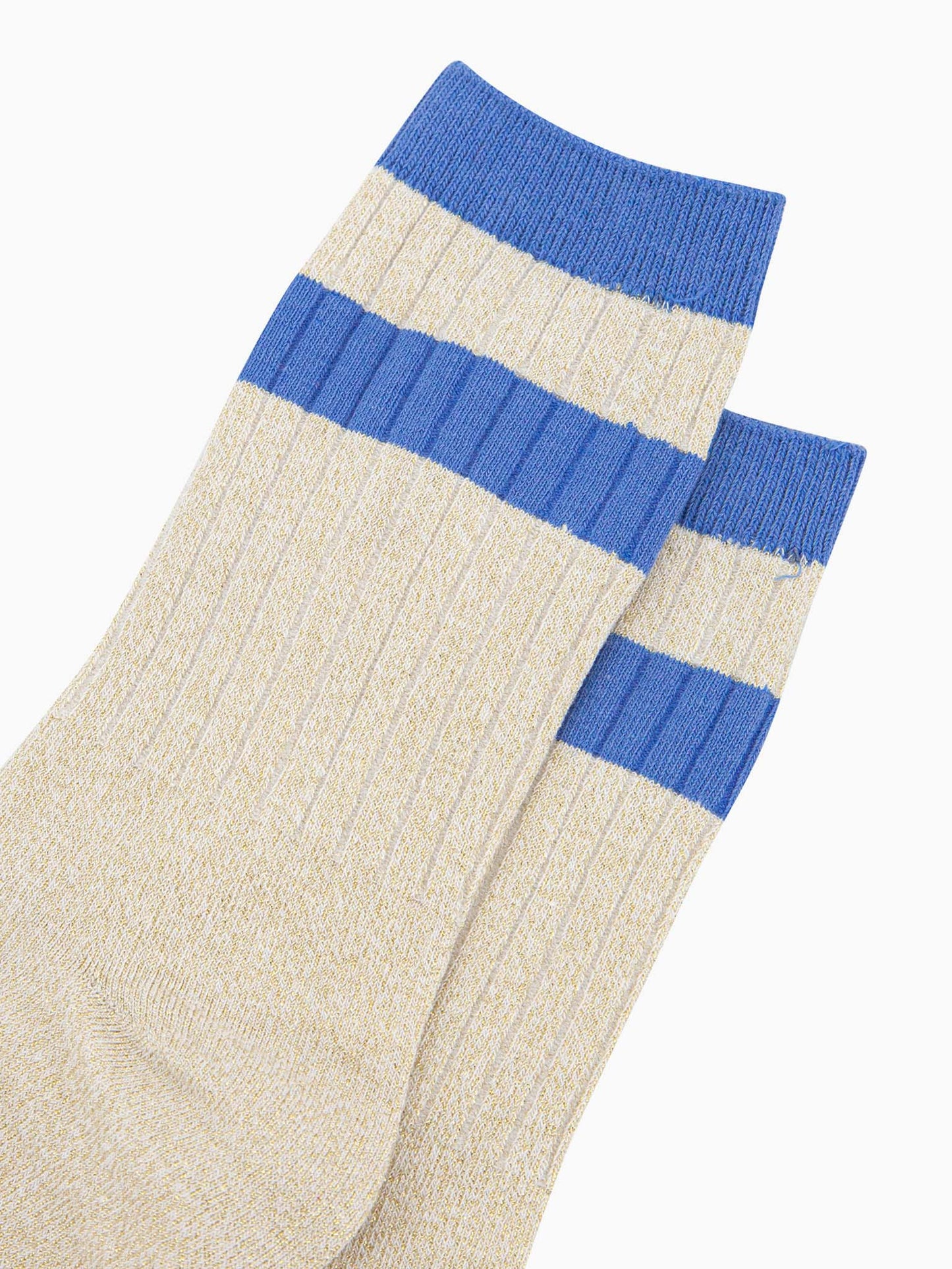 womens-glitter-socks-cream-denim-blue-striped-cuff-close-up-sparkly-material-ribbed