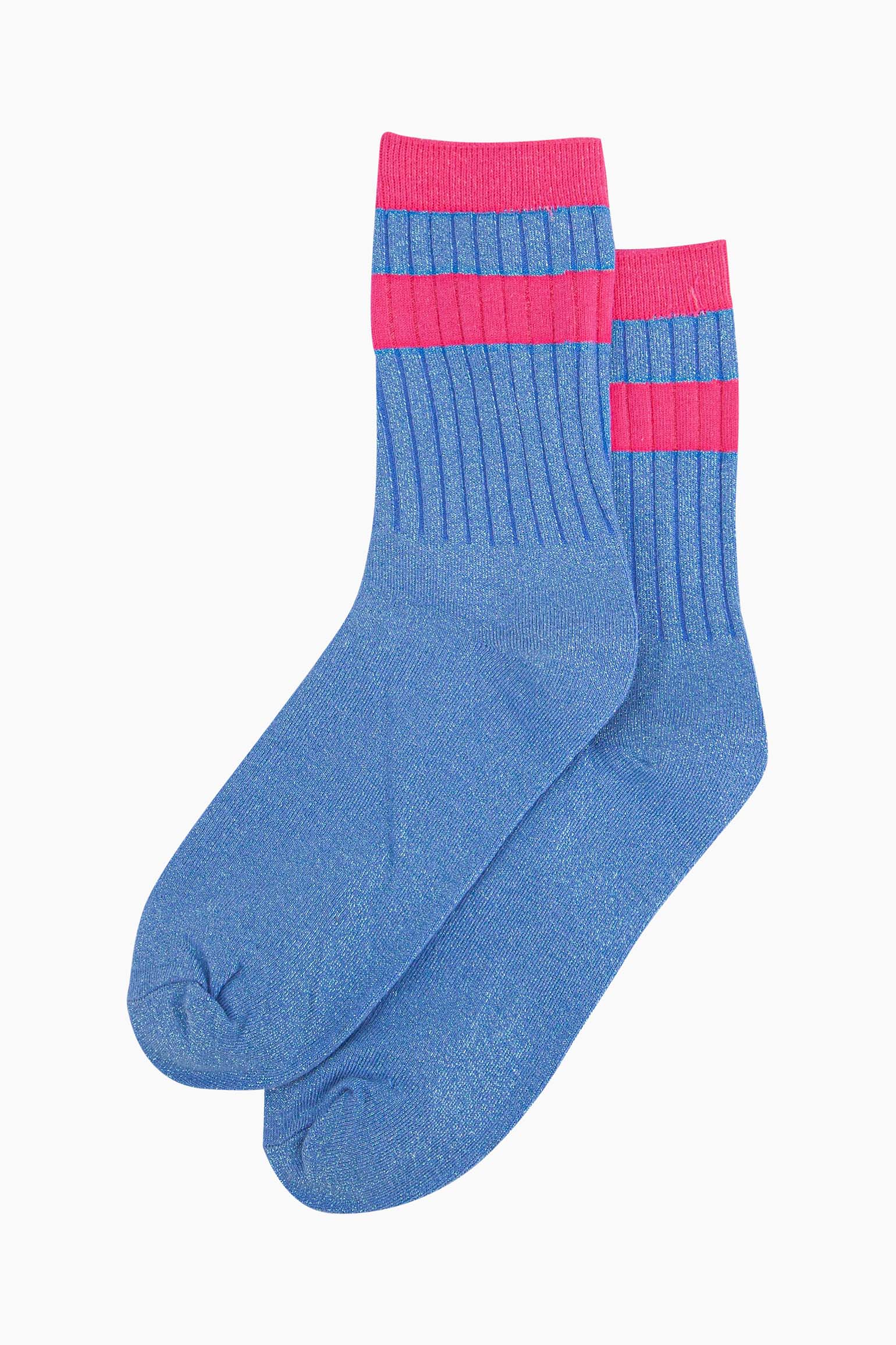 womens-glitter-socks-denim-blue-hot-pink-striped-cuff-laying-flat-sparkly-material