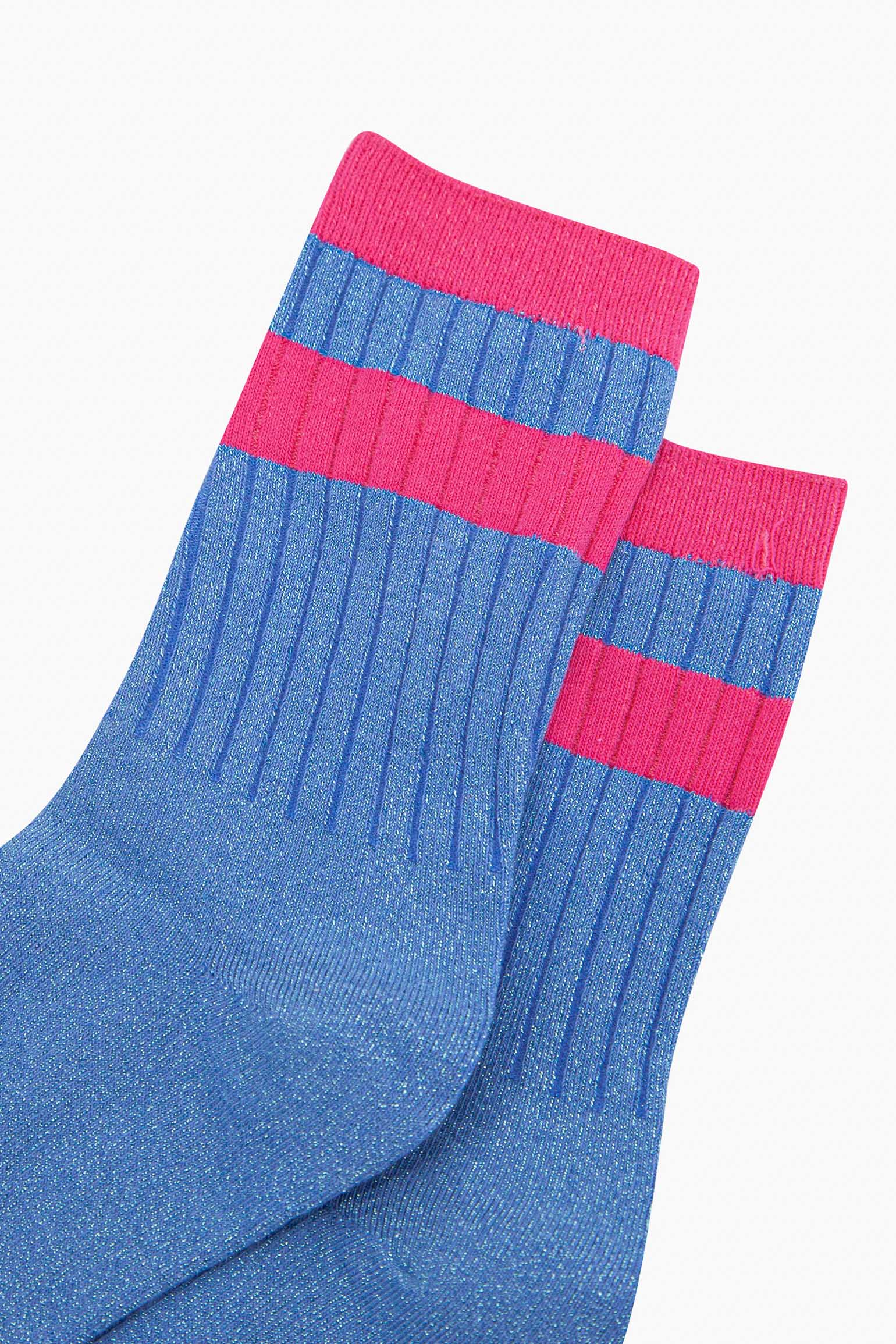 womens-glitter-socks-denim-blue-hot-pink-striped-cuff-cose-up-sparkle-ribbed