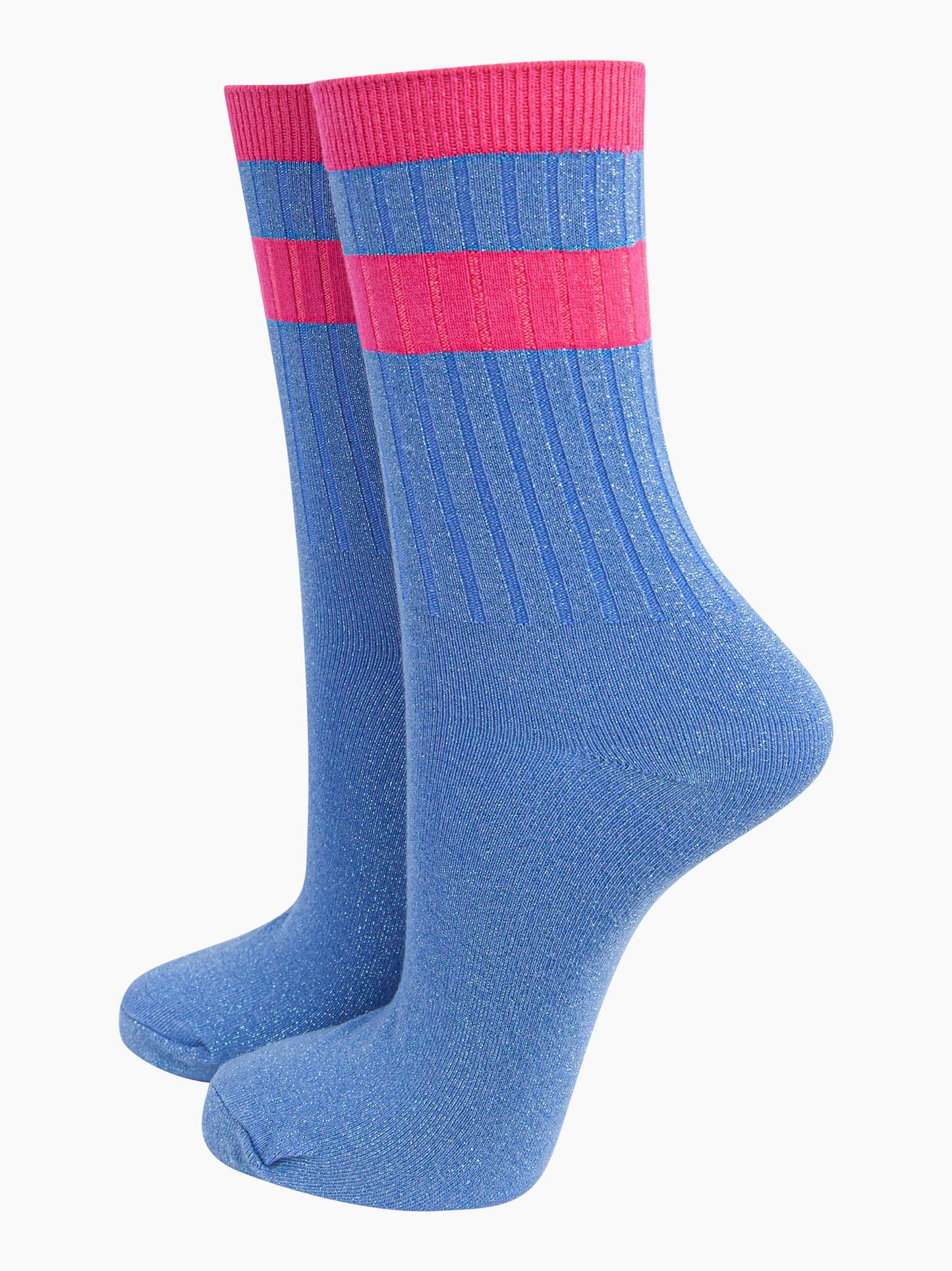 womens-glitter-socks-denim-blue-hot-pink-striped-cuff-ribbed-sports-ankle