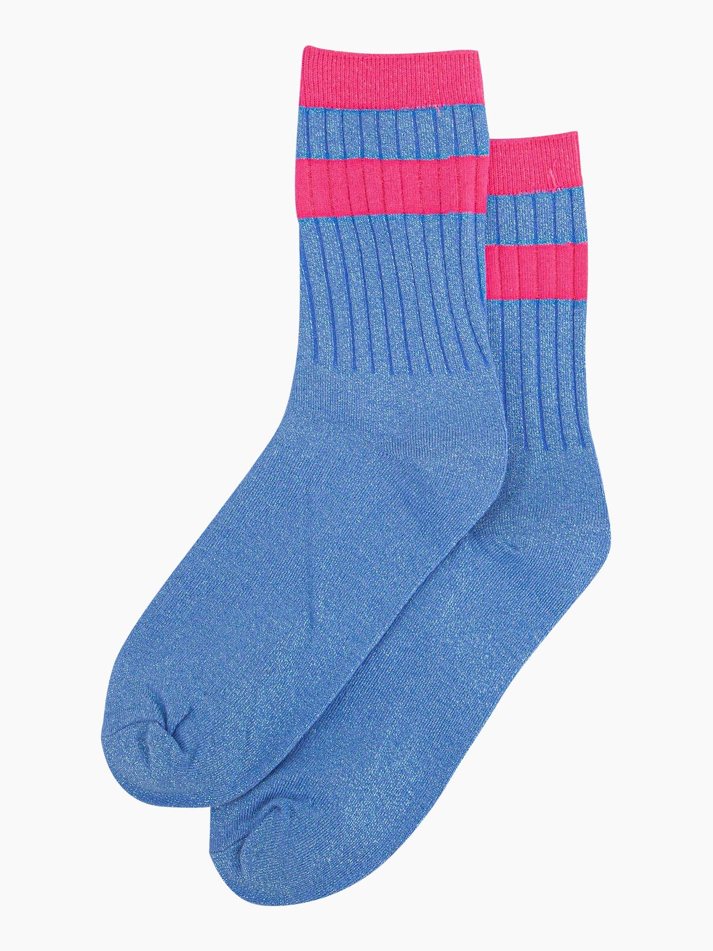 womens-glitter-socks-denim-blue-hot-pink-striped-cuff-laying-flat-sparkly-material