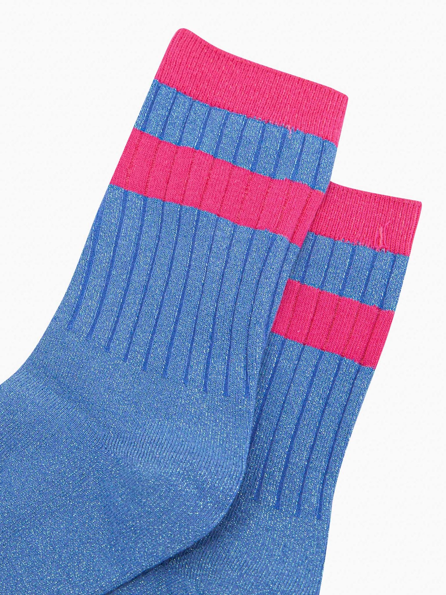 womens-glitter-socks-denim-blue-hot-pink-striped-cuff-cose-up-sparkle-ribbed