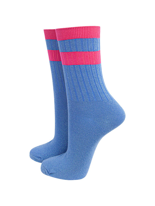 womens-glitter-socks-denim-blue-hot-pink-striped-cuff-ribbed-sports-ankle