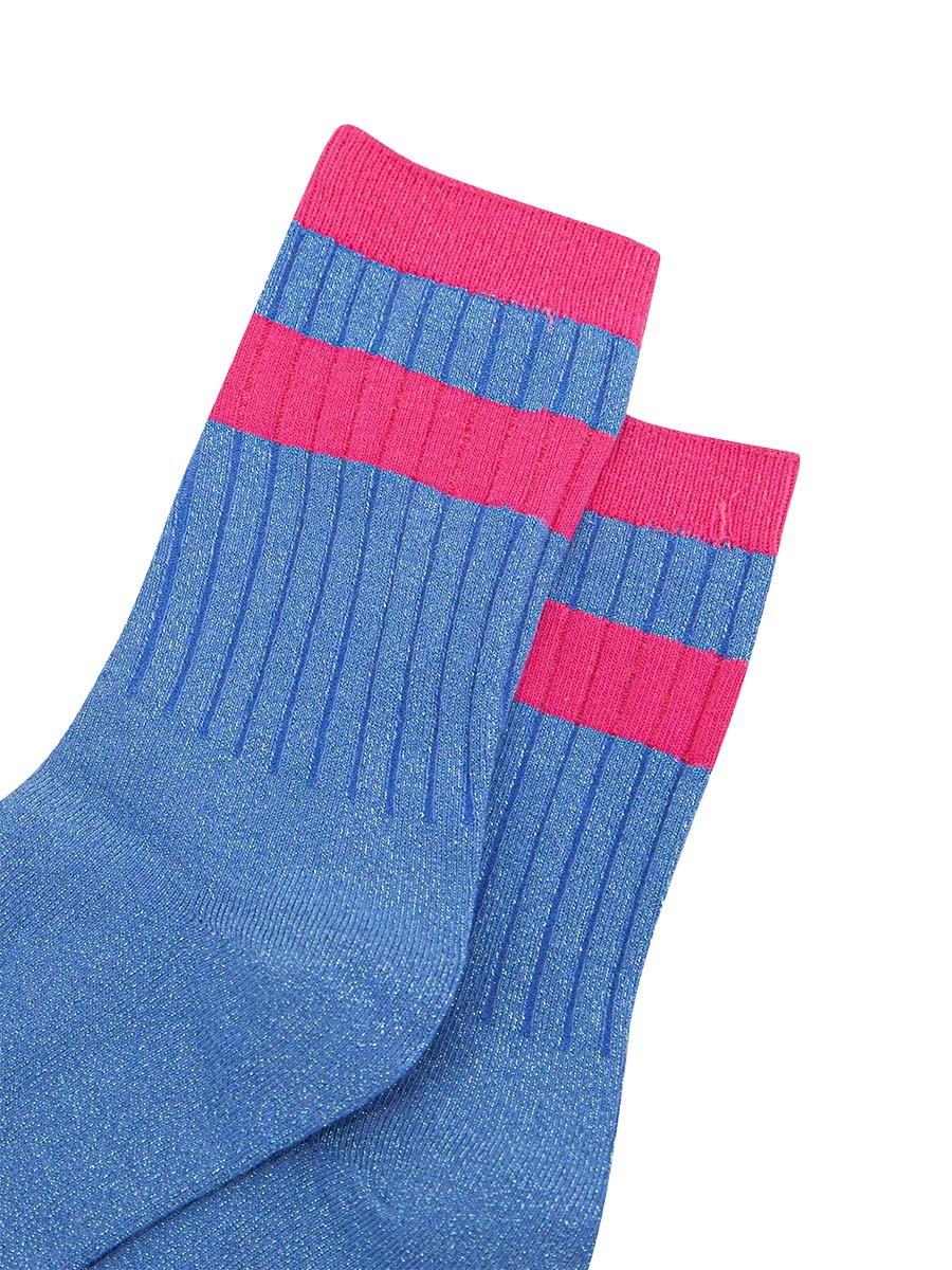 womens-glitter-socks-denim-blue-hot-pink-striped-cuff-cose-up-sparkle-ribbed