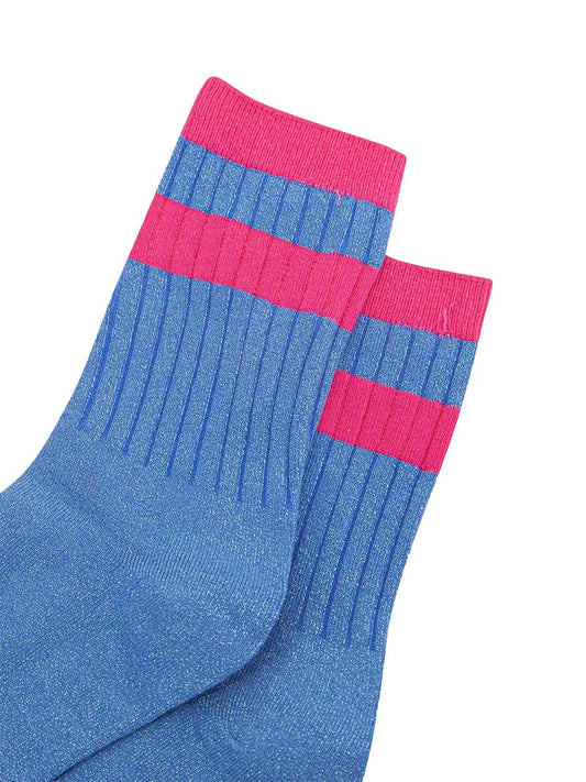 womens-glitter-socks-denim-blue-hot-pink-striped-cuff-cose-up-sparkle-ribbed
