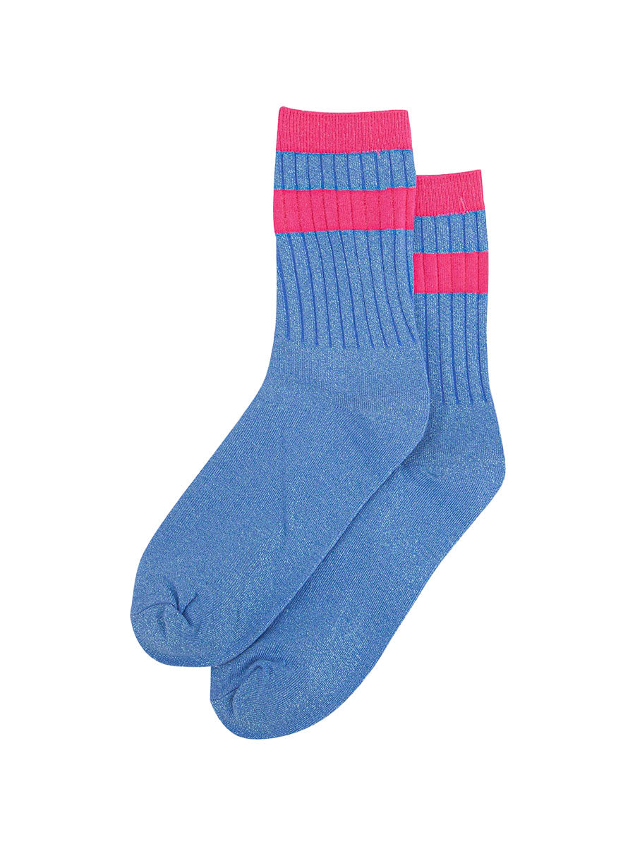 womens-glitter-socks-denim-blue-hot-pink-striped-cuff-laying-flat-sparkly-material