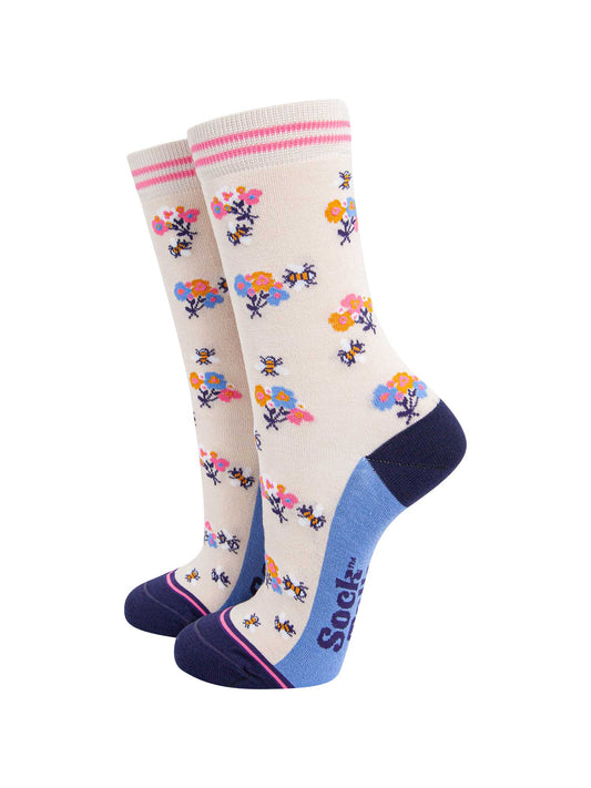 womens-bamboo-socks-cream-navy-blue-bee-posy-flowers