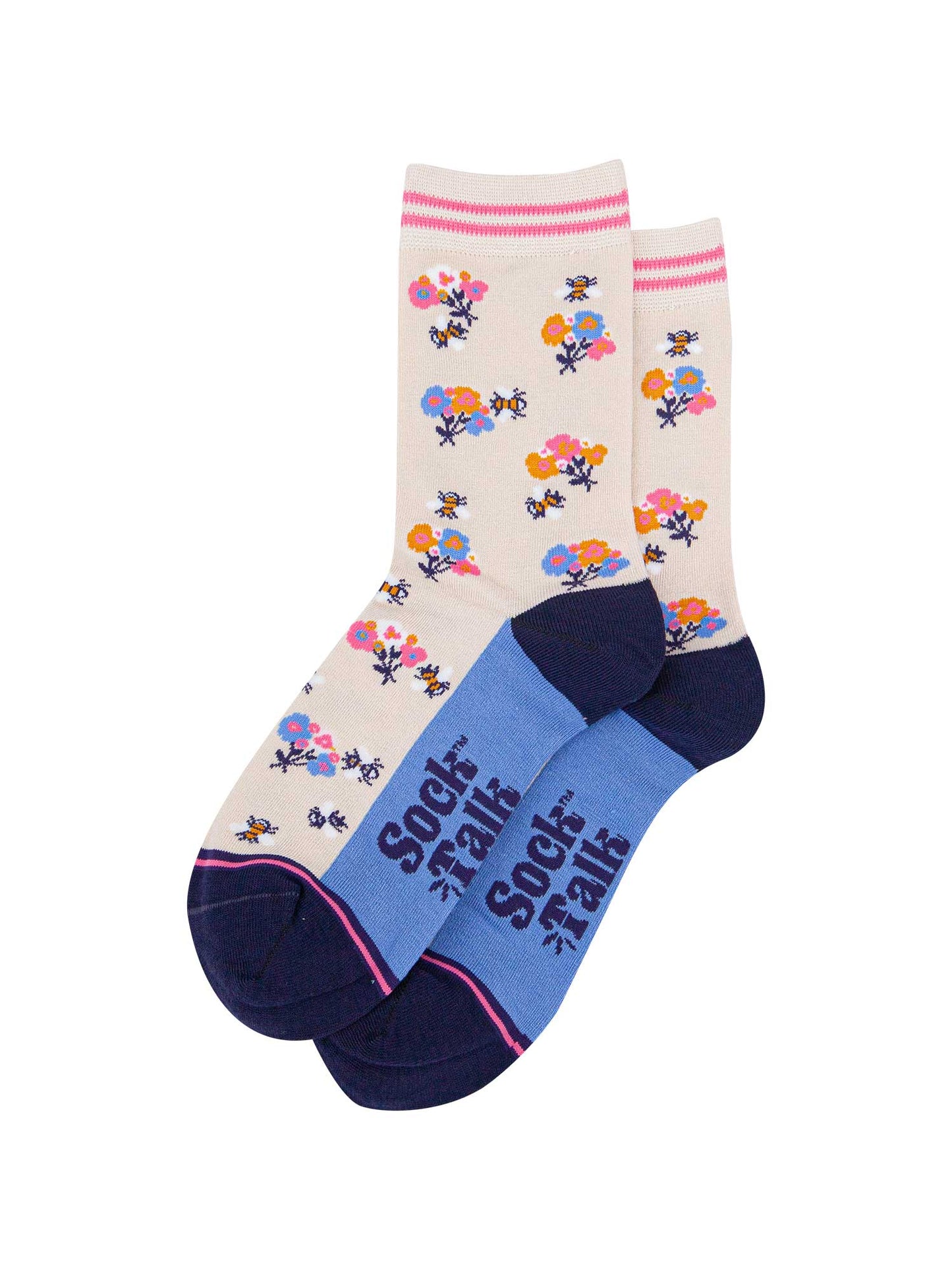 womens-bamboo-socks-cream-navy-blue-bee-posy-laying-flat