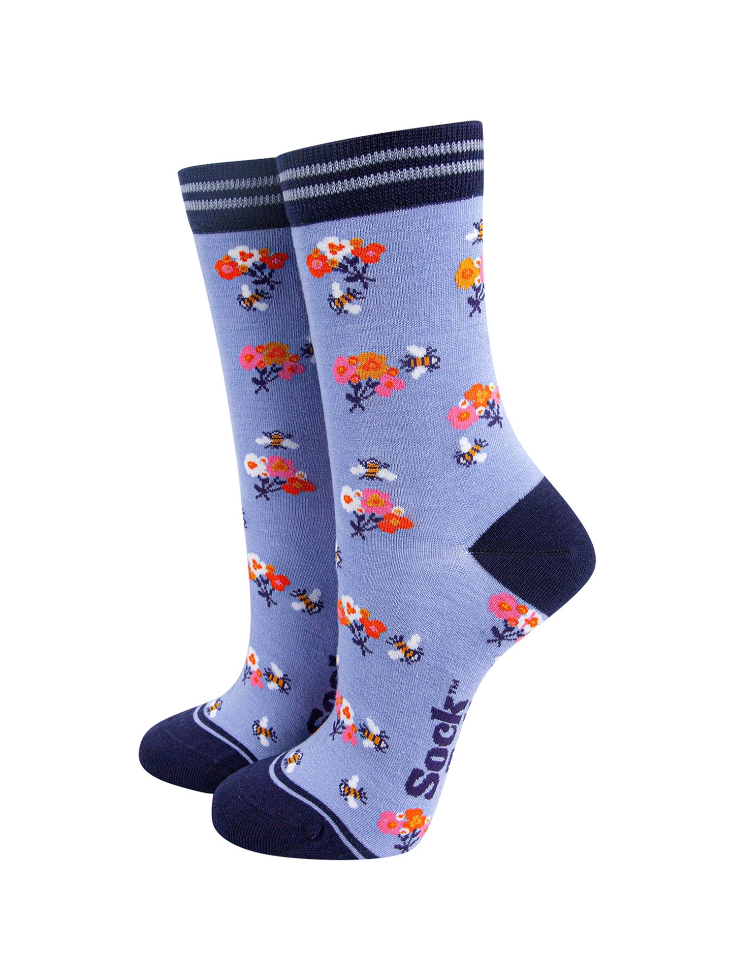 Bees-Floral-Posy-Bamboo-Socks-in-Blue-On-Foot-Mannequin