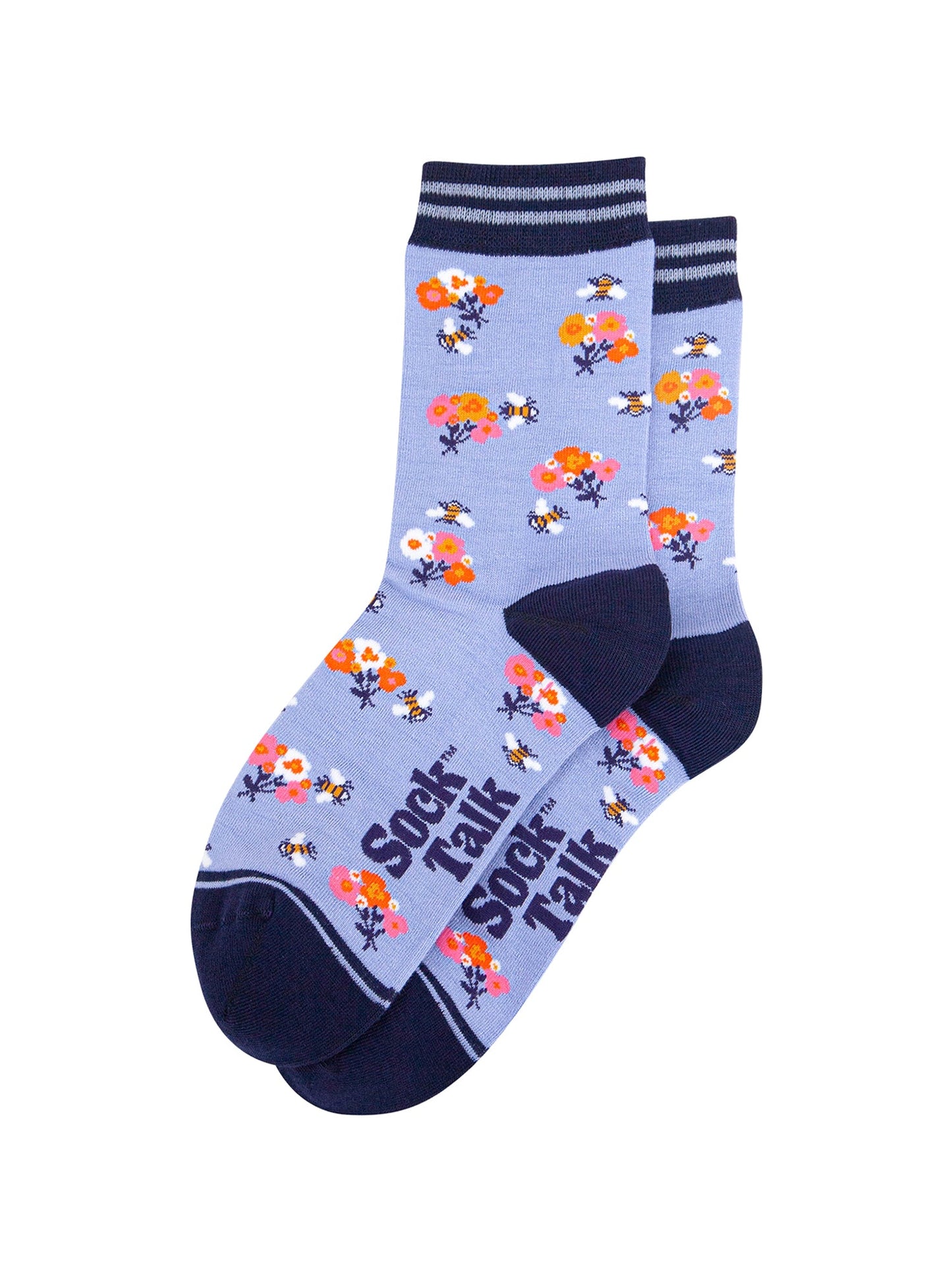 Bees-Floral-Posy-Bamboo-Socks-in-Blue-Laid-Flat