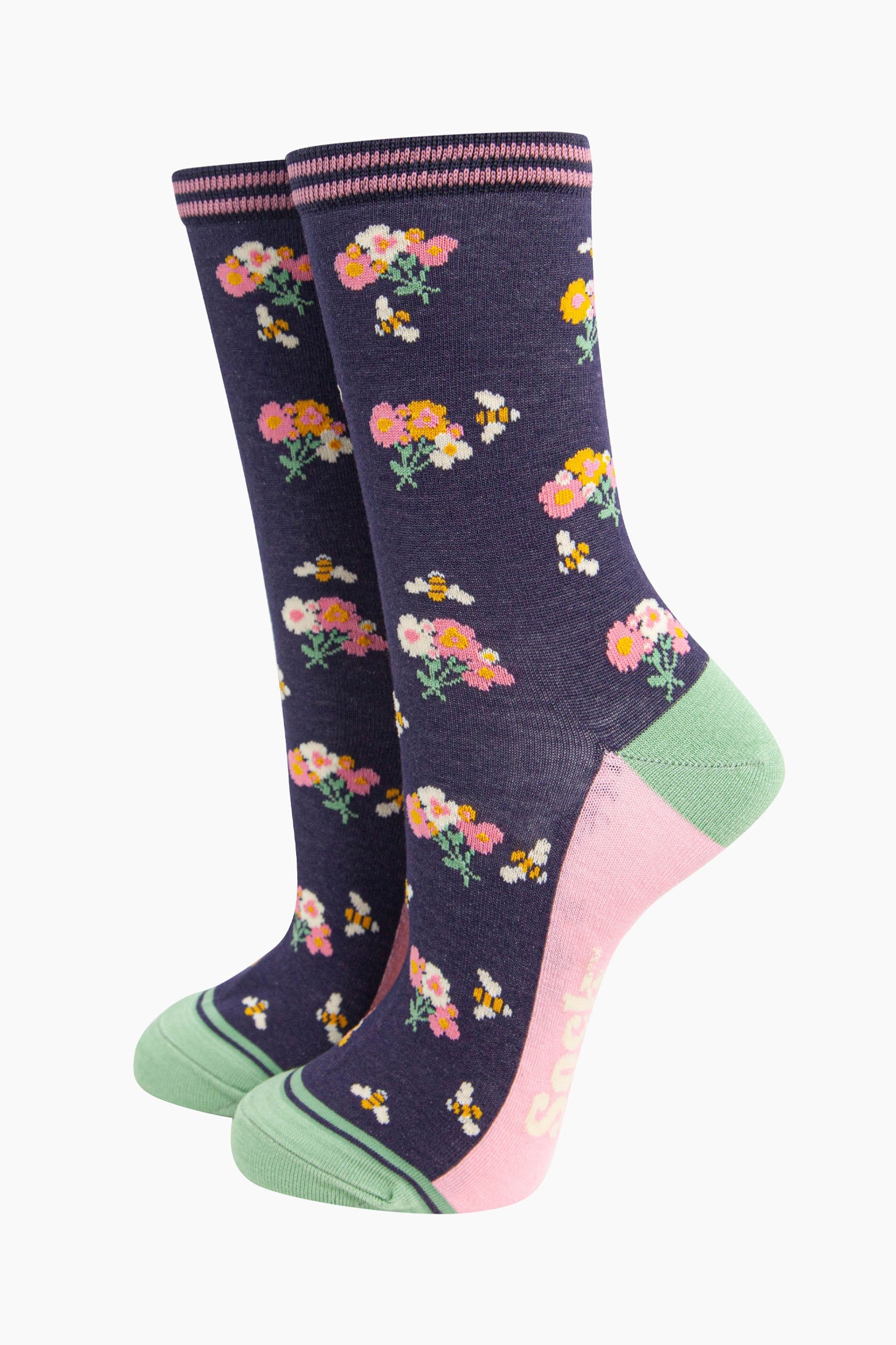 womens-bamboo-socks-navy-bees-floral-posies-ankle-socks-with-a-pattern-of-bumblebees-and-colourful-floral-posies