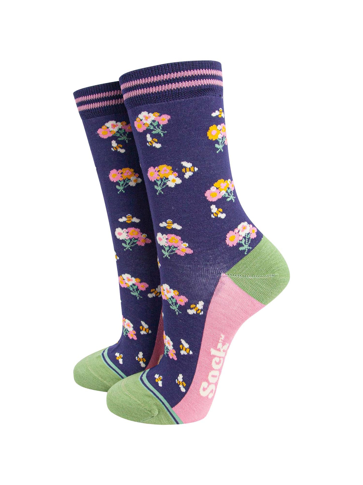 womens-bamboo-socks-navy-bees-floral-posies-ankle-socks-with-a-pattern-of-bumblebees-and-colourful-floral-posies