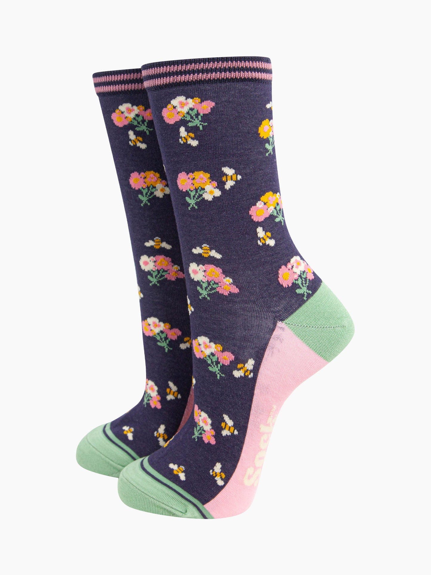 womens-bamboo-socks-navy-bees-floral-posies-ankle-socks-with-a-pattern-of-bumblebees-and-colourful-floral-posies