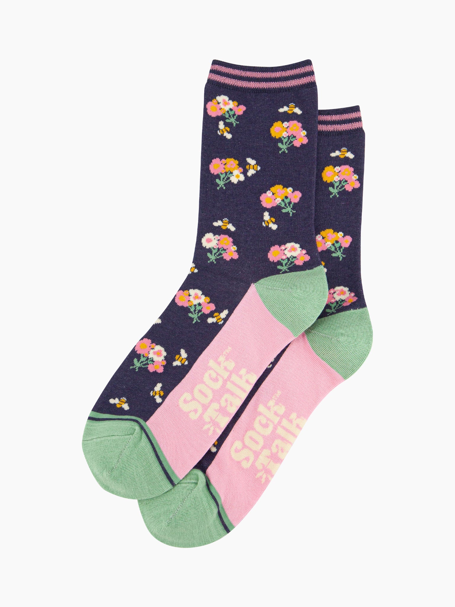 womens-bamboo-socks-navy-bees-floral-posies-laying-flat-showing-the-all-over-bee-and-flower-pattern