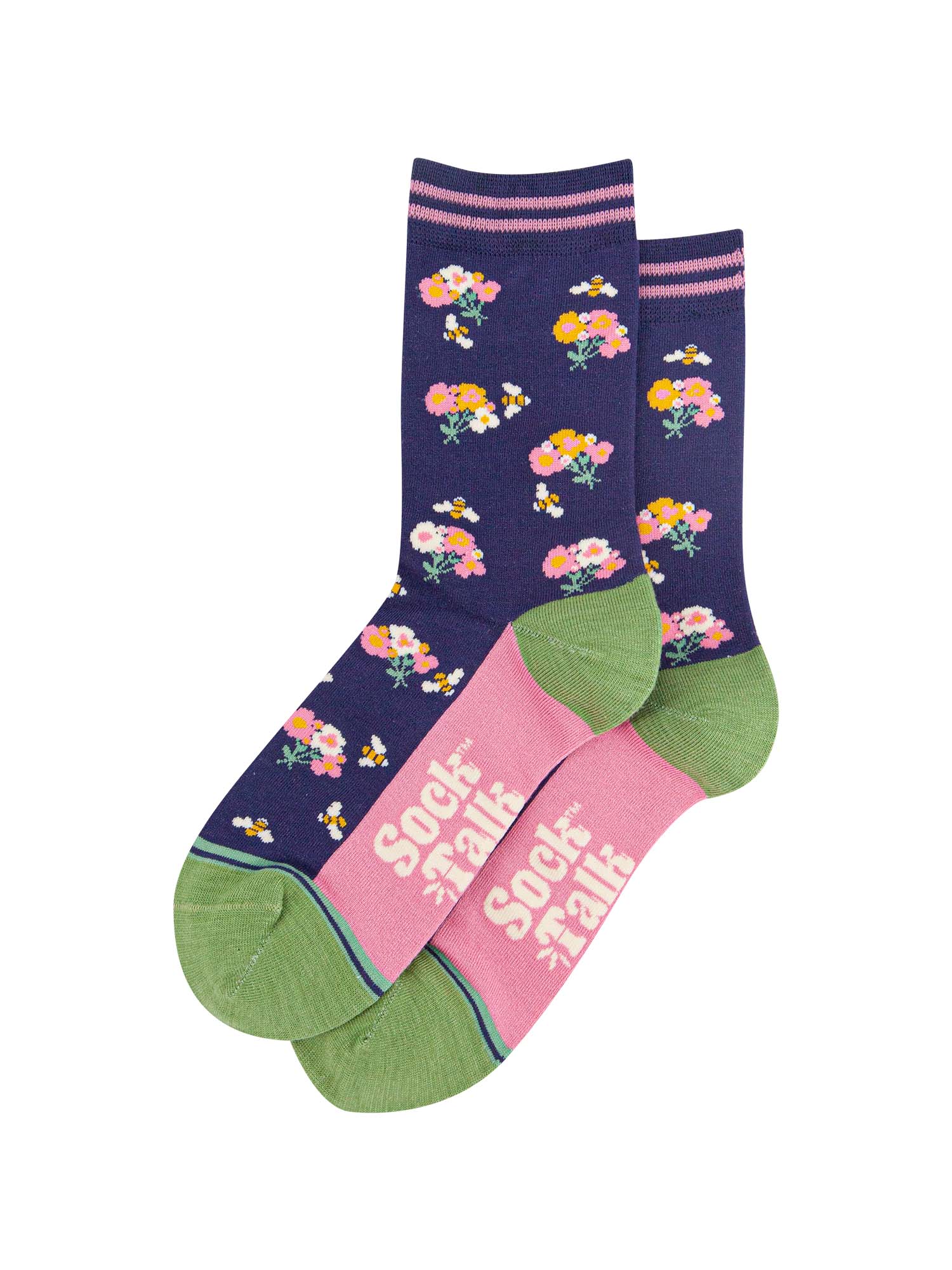 womens-bamboo-socks-navy-bees-floral-posies-laying-flat-showing-the-all-over-bee-and-flower-pattern