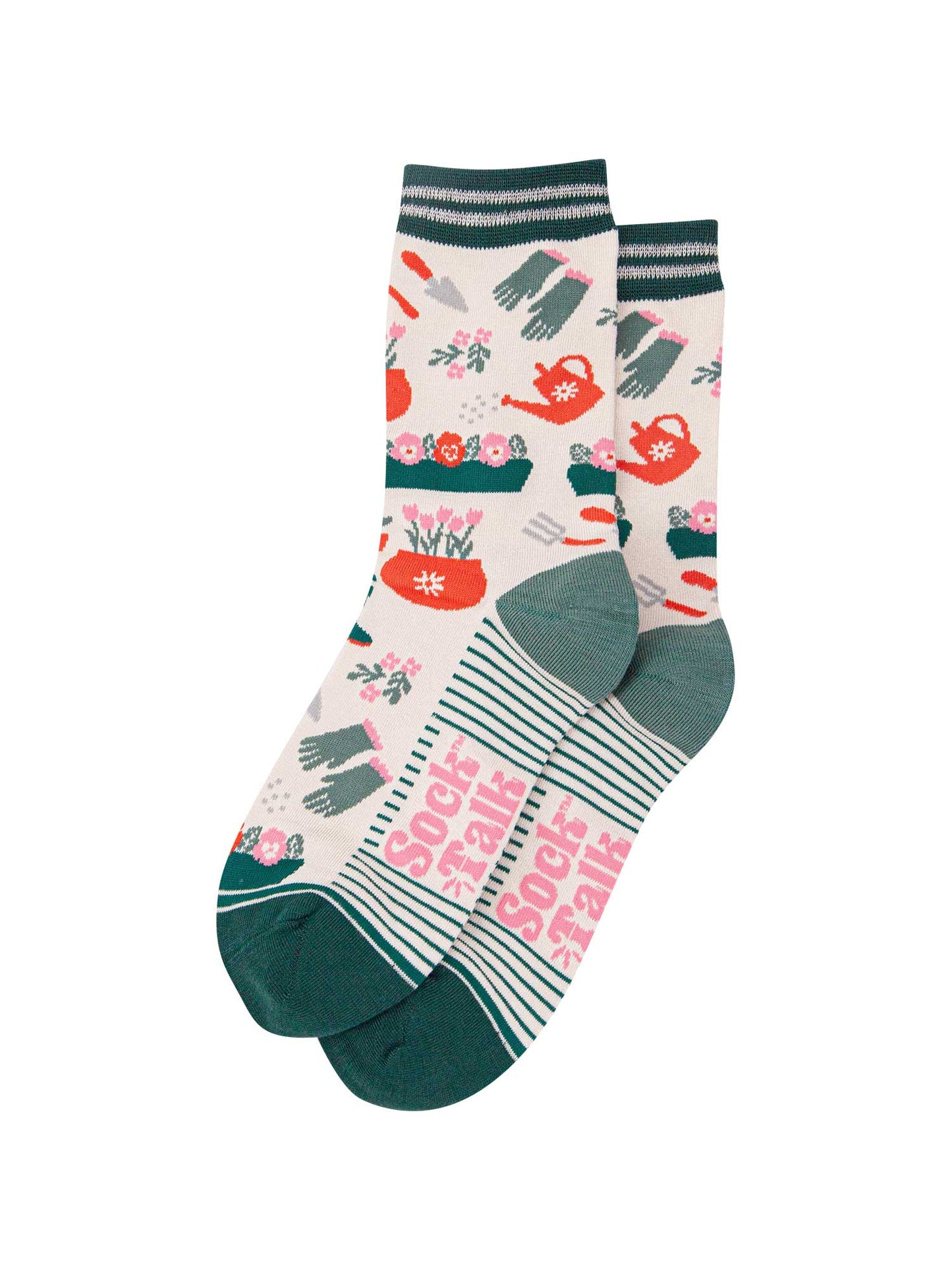 womens-bamboo-socks-cream-green-gardening-laying-flat