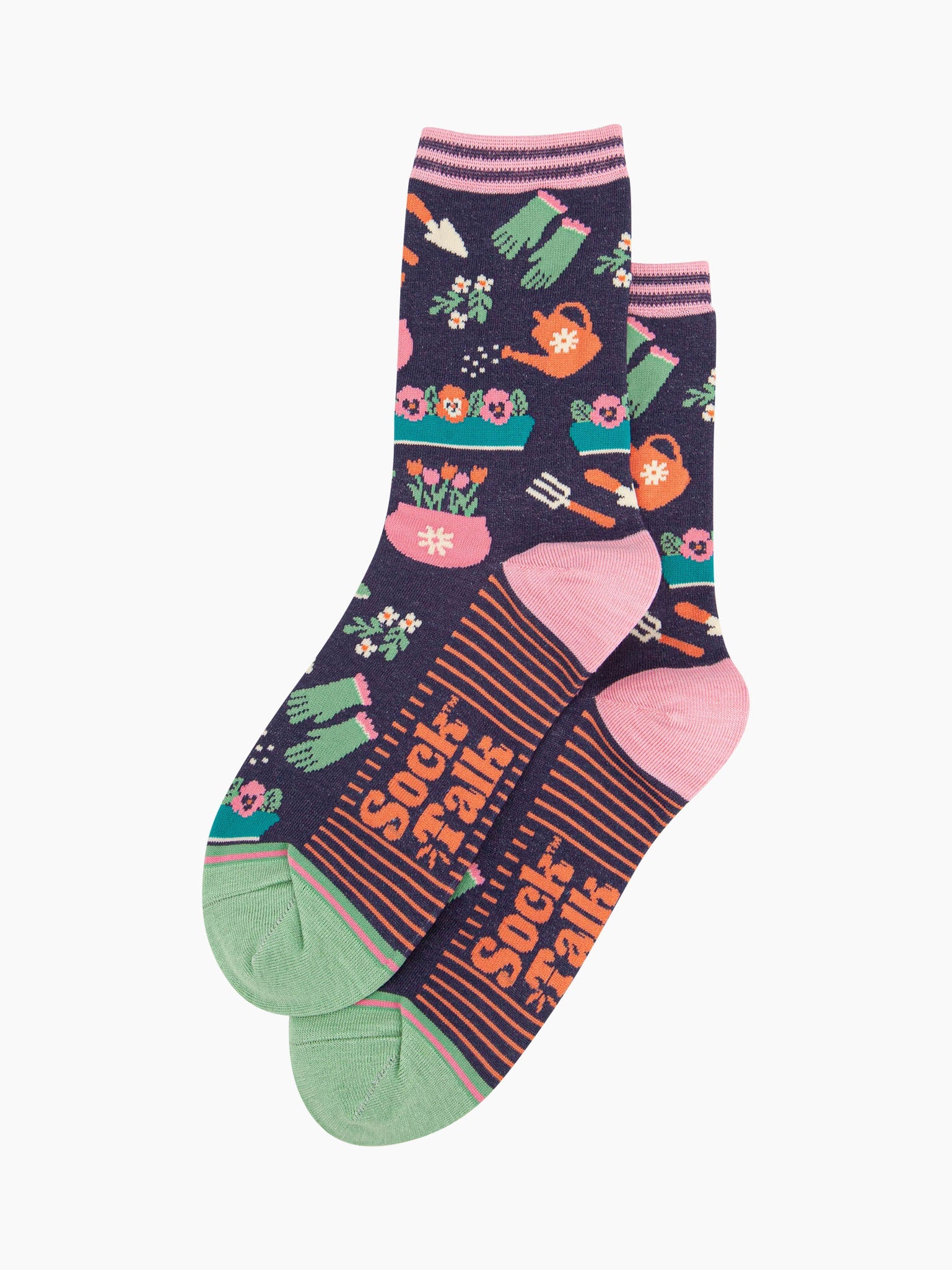 womens-bamboo-socks-navy-gardening-laying-flat-showing-the-pattern-of-garden-tools-and-plant-pots