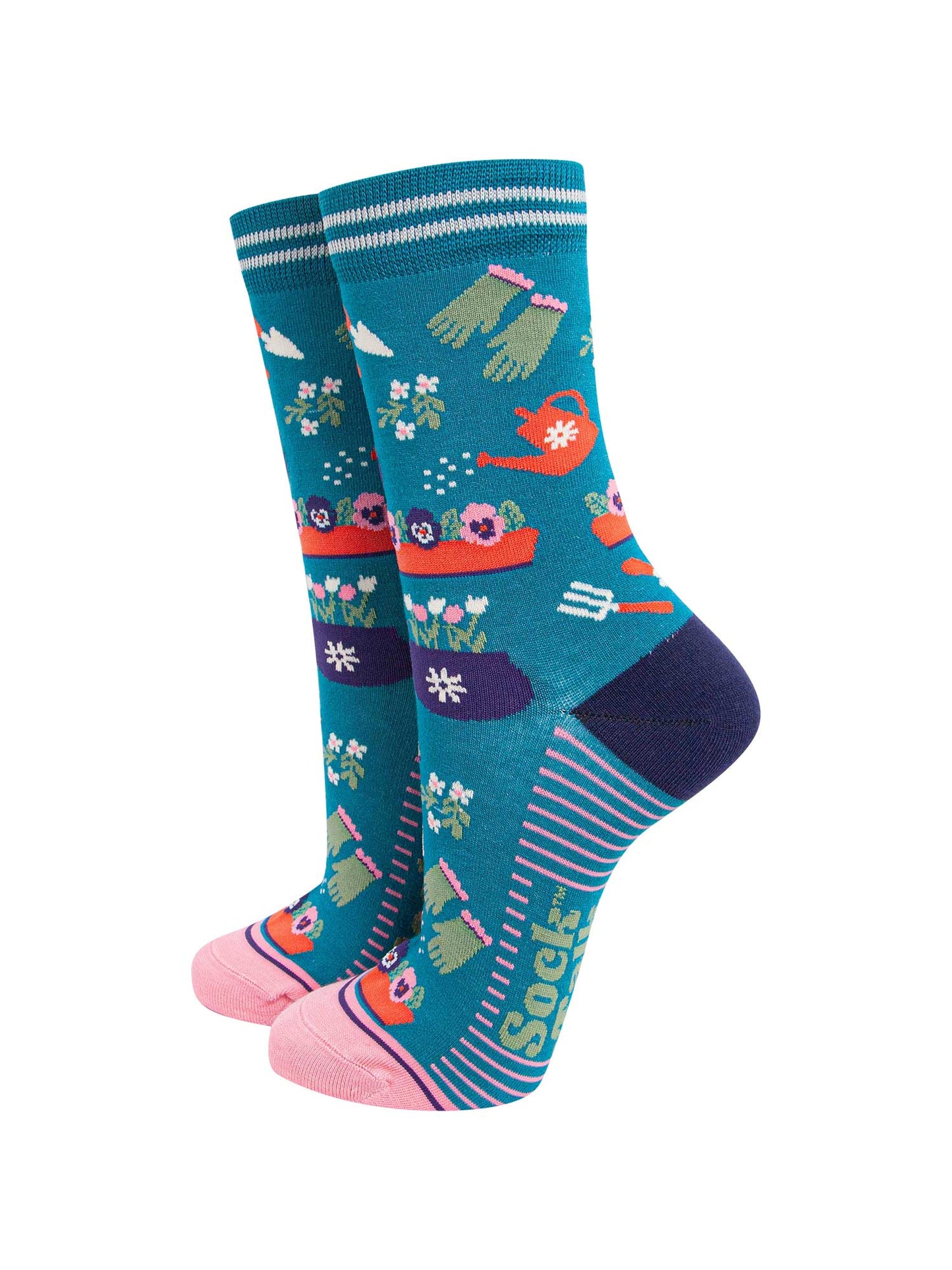 womens-bamboo-socks-teal-pink-gardening-flower-pots-tools