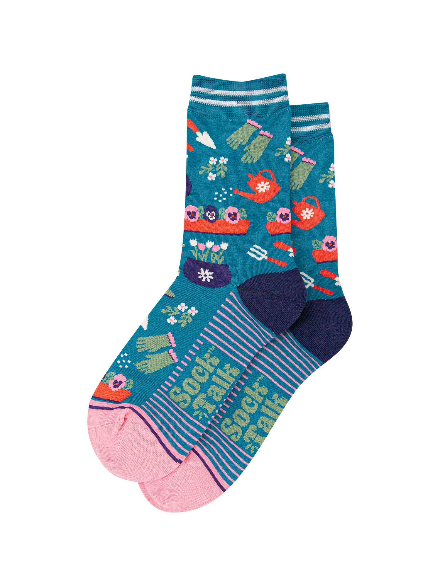 womens-bamboo-socks-teal-pink-gardening-laying-flat