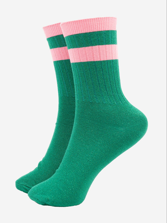 womens-glitter-socks-green-pink-striped-cuff-ribbed-cotton