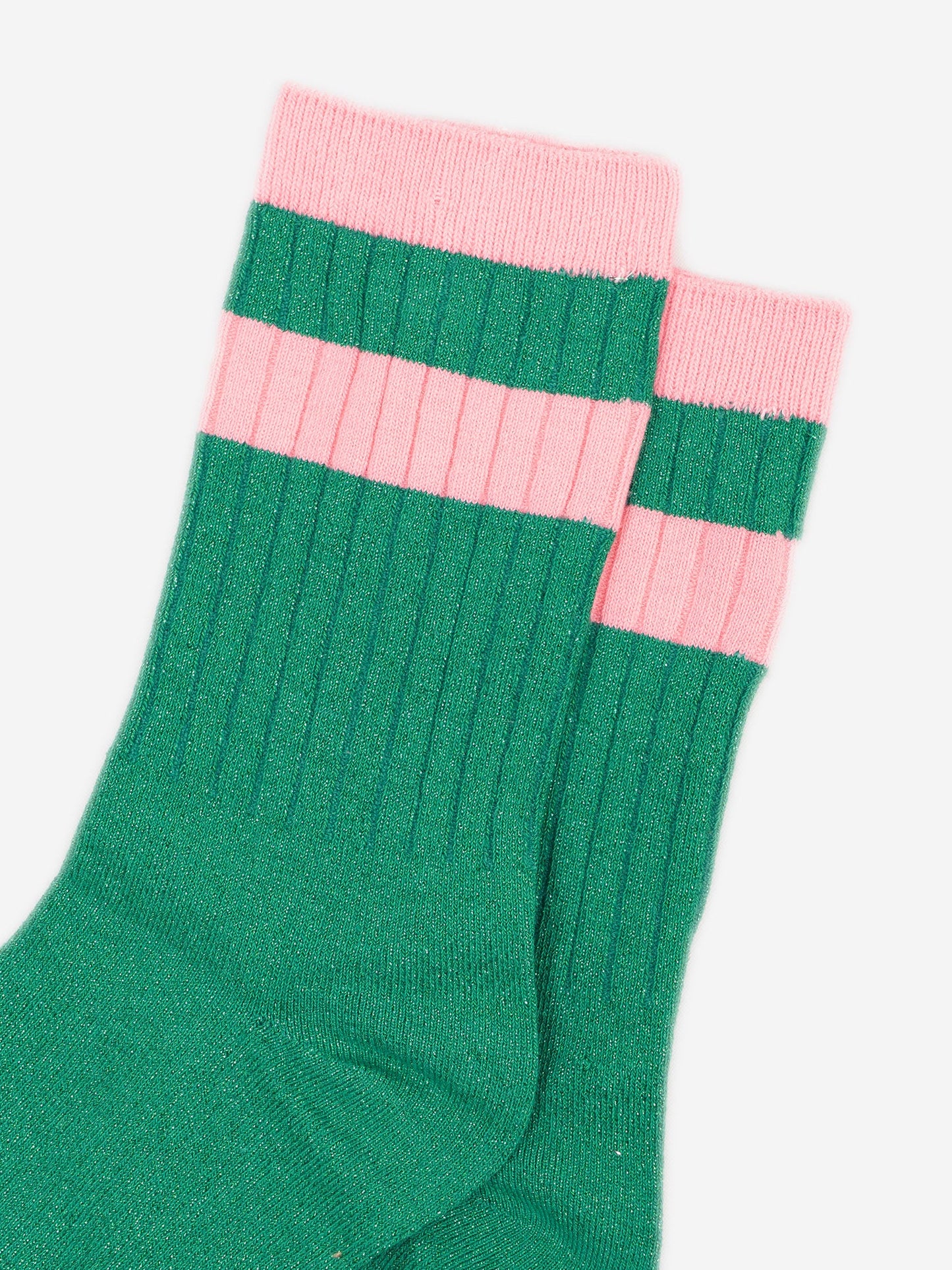 womens-glitter-socks-green-pink-striped-cuff-close-up-shimmery-material
