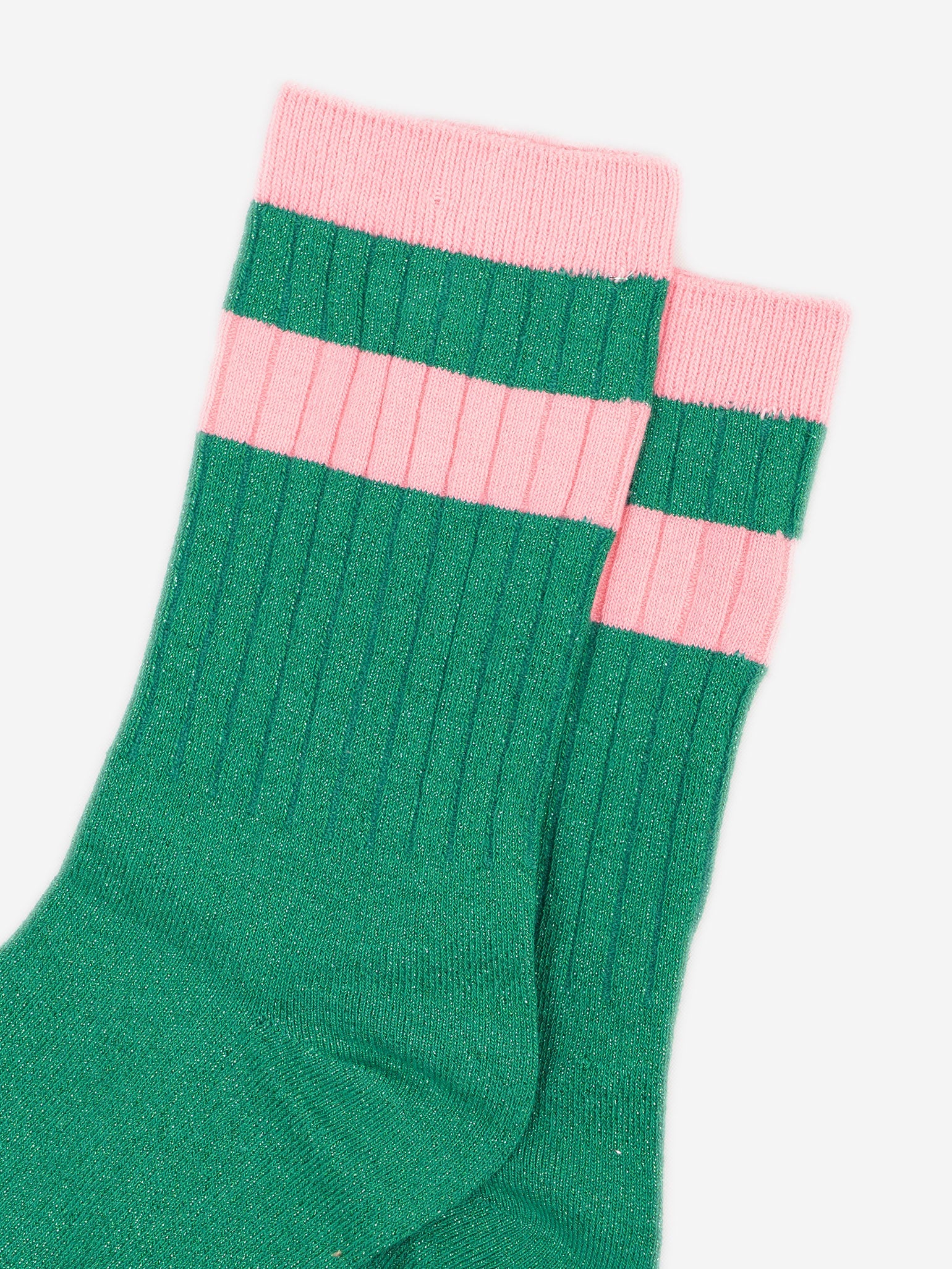 womens-glitter-socks-green-pink-striped-cuff-close-up-shimmery-material