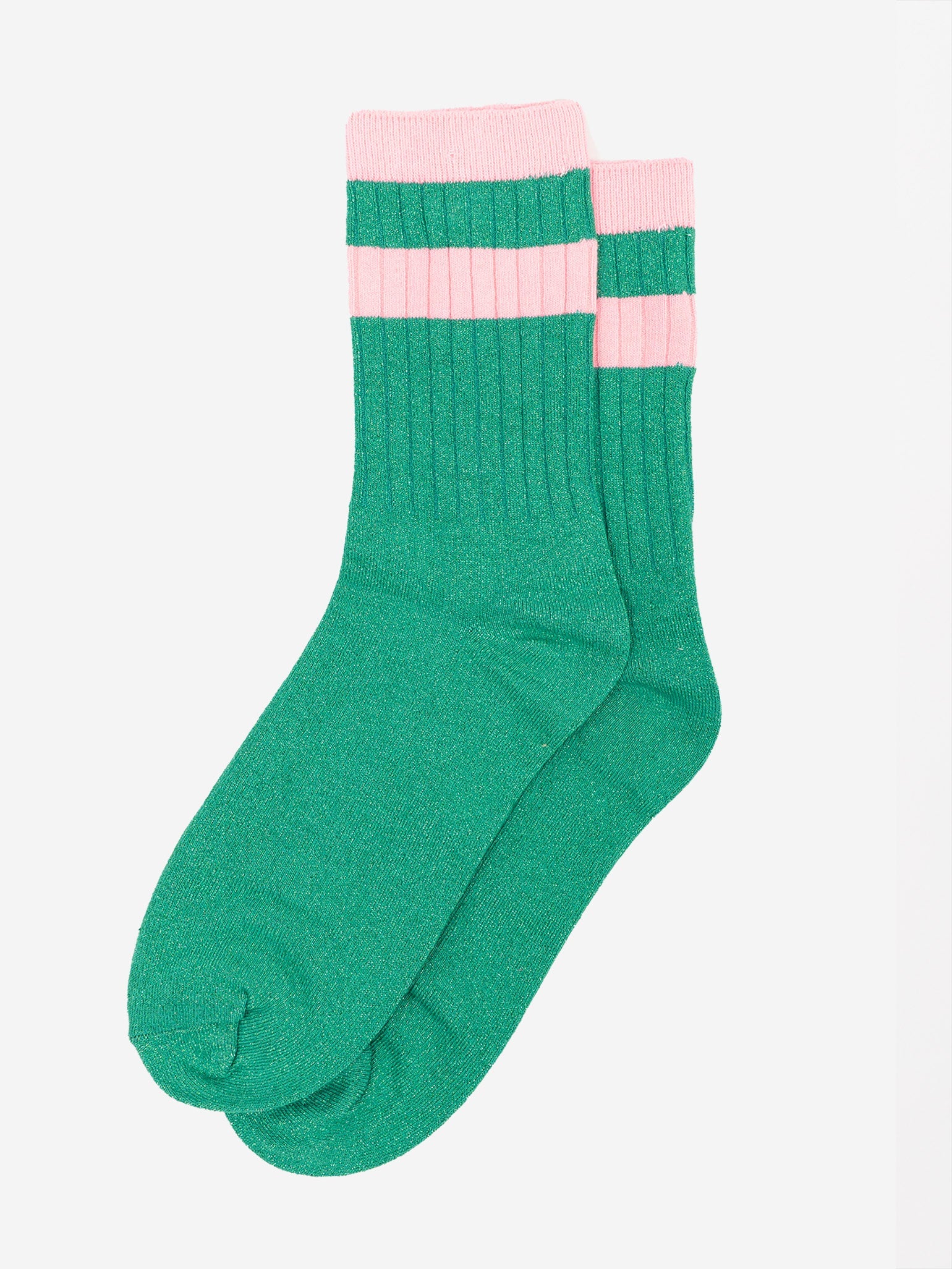 womens-glitter-socks-green-pink-striped-cuff-laying-flat-sparkly