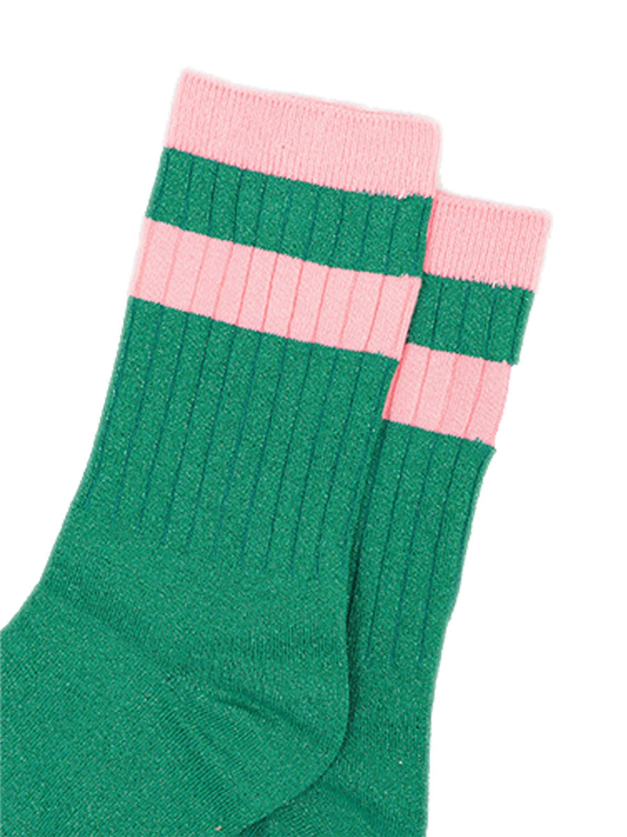womens-glitter-socks-green-pink-striped-cuff-close-up-shimmery-material