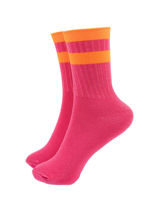 pink glitter sparkly ankle socks with ribbed cuffs and two sports style horizontal orange stripes on the cuff