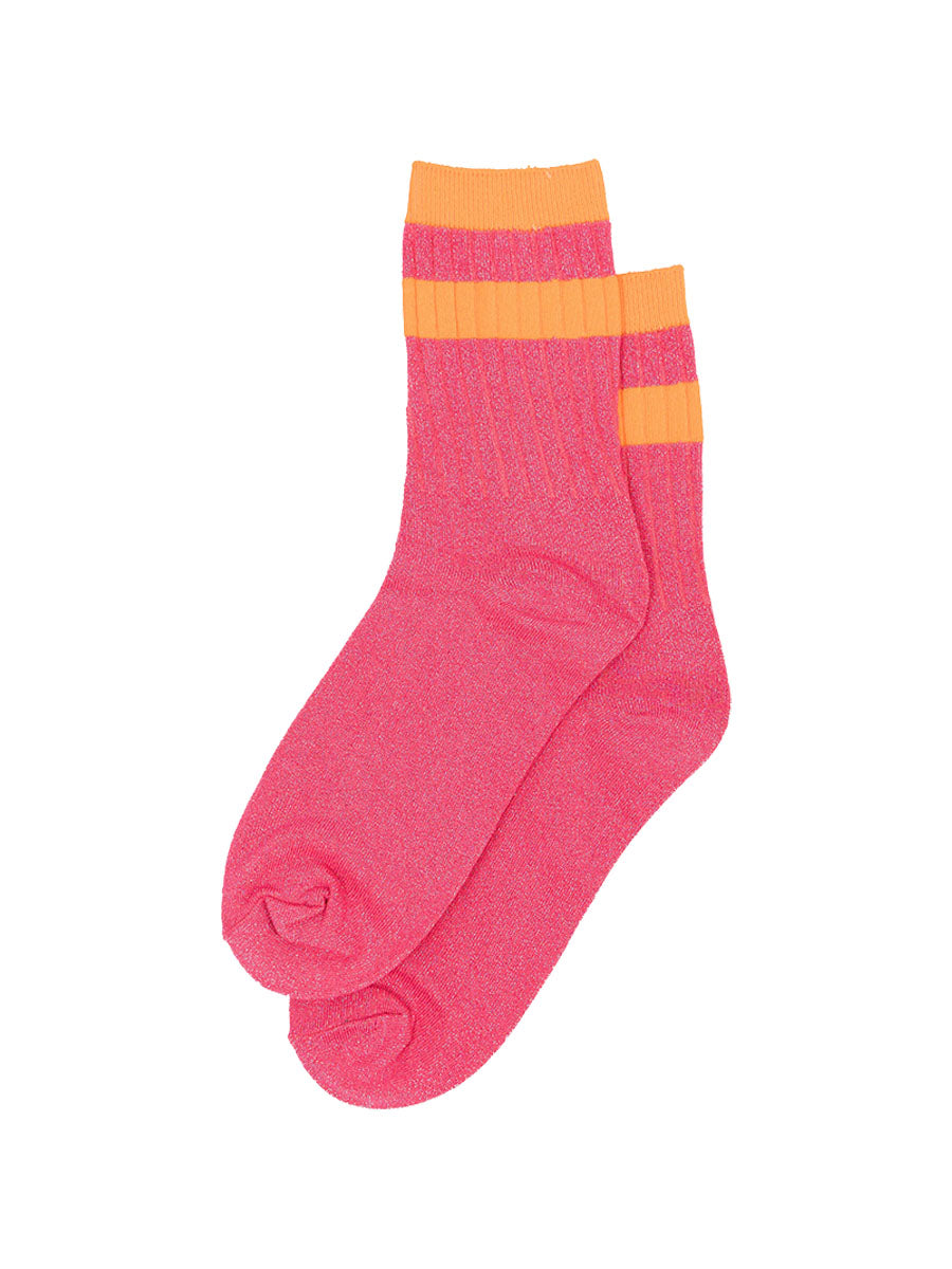 pink glitter sparkly ankle socks with ribbed cuffs and two sports style horizontal orange stripes on the cuff