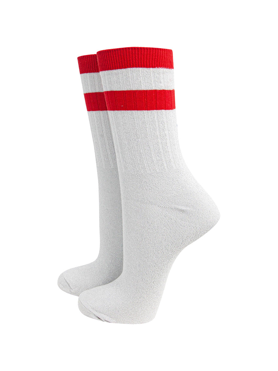 womens-glitter-socks-white-red-striped-cuff-sparkling-white-ribbed-cotton