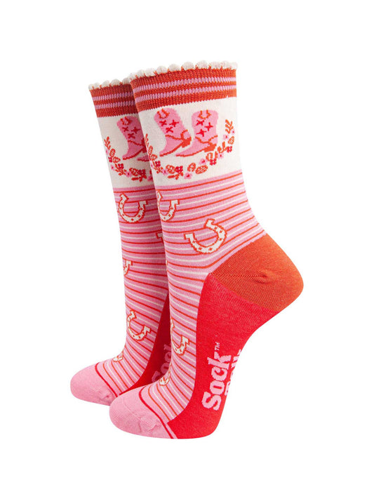 womens-bamboo-socks-cream-pink-cowboy-boot-stripe-cowboy-boots-floral-wreath-pintriped-horseshoes