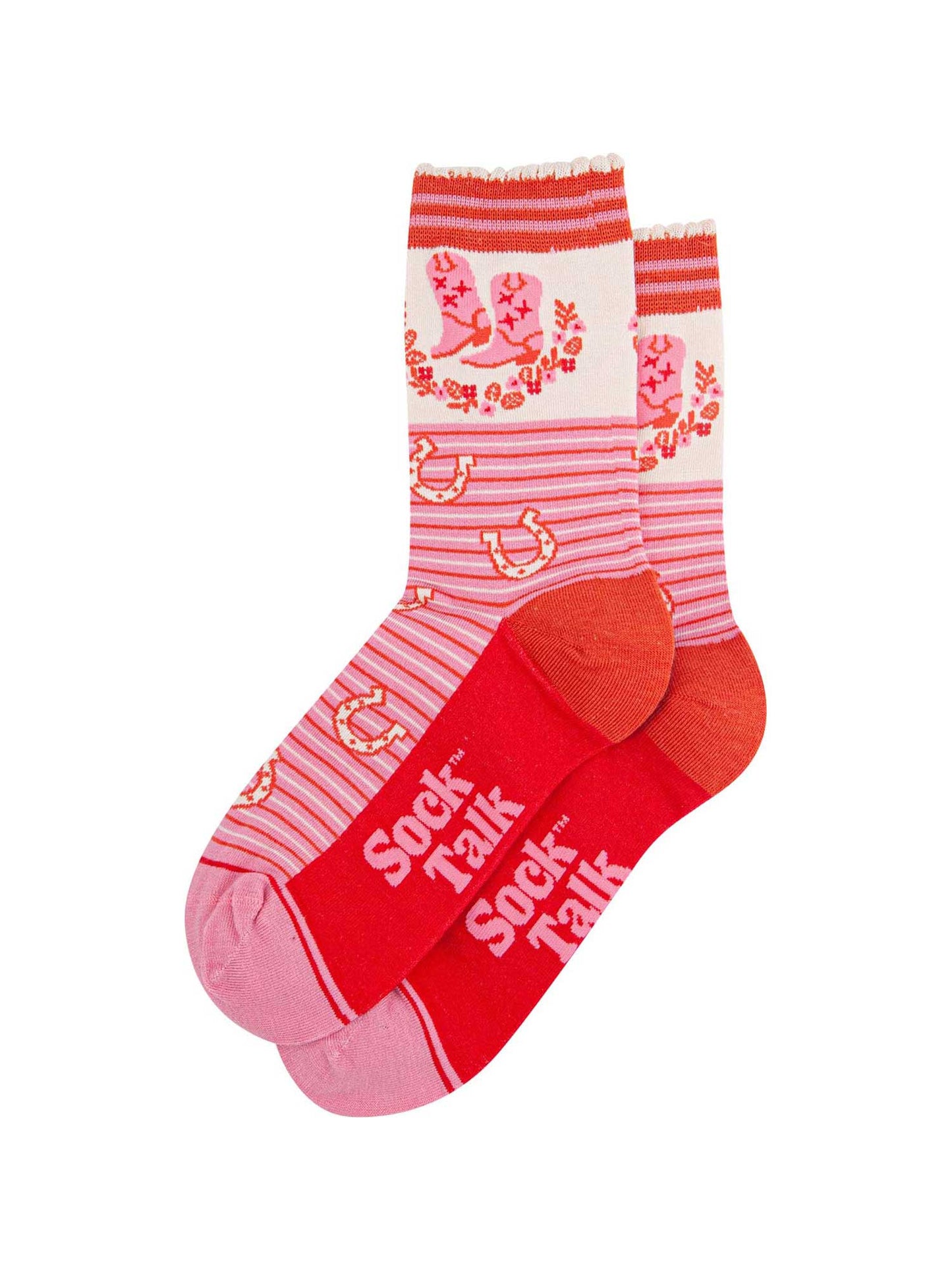 womens-bamboo-socks-cream-pink-cowboy-boot-stripe-laying-flat-the-body-is-striped-with-scattered-horseshoes-the-ankle-features-cowboy-boots-and-a-floral-wreath