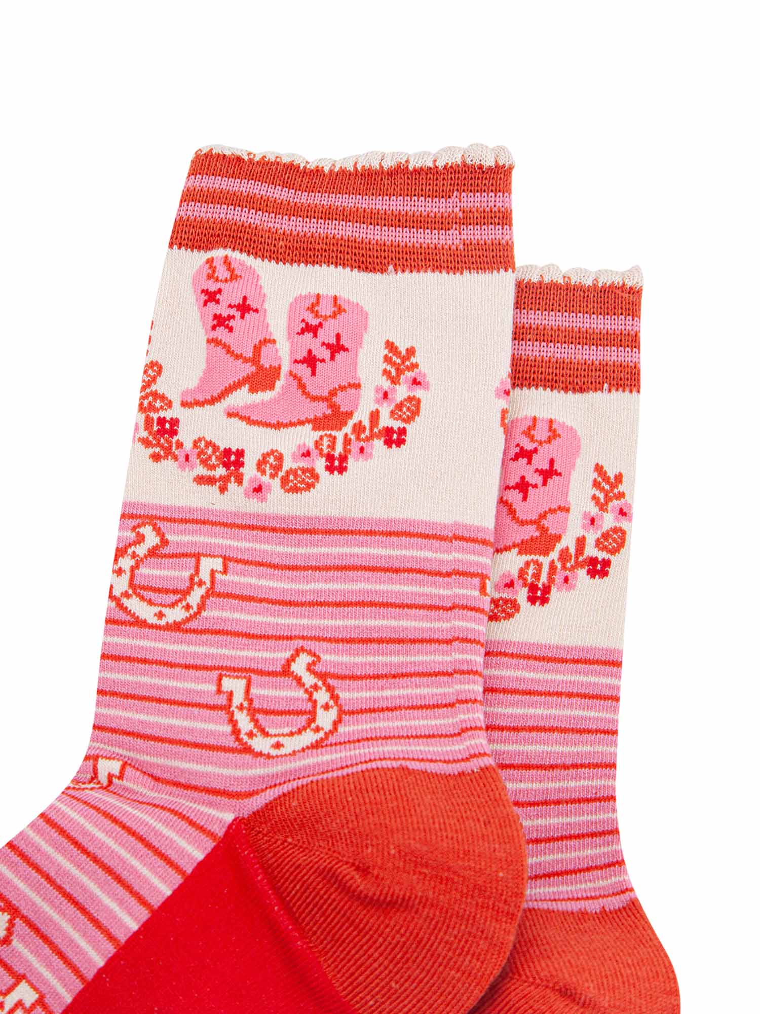 womens-bamboo-socks-cream-pink-cowboy-boot-stripe-close-up-pink-cowgirl-boots-with-a-semi-circular-floral-wreath-on-the-ankle-frilled-scalloped-cuff