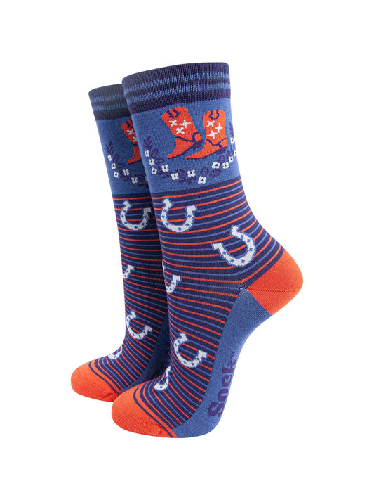 womens-bamboo-socks-navy-blue-denim-blue-cowboy-wreath-horseshoes-wild-west