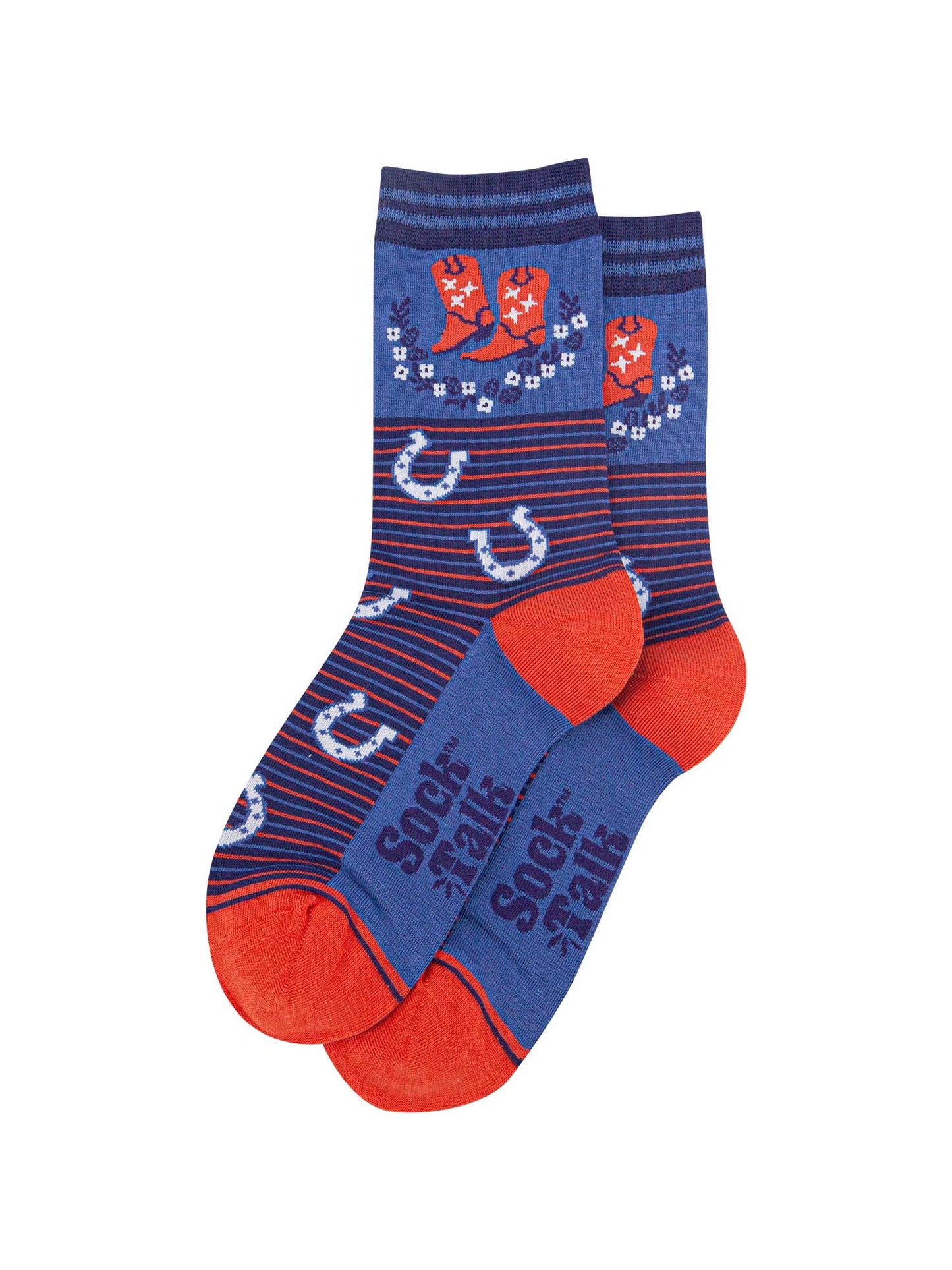 womens-bamboo-socks-navy-blue-denim-blue-cowboy-wreath-laying-flat