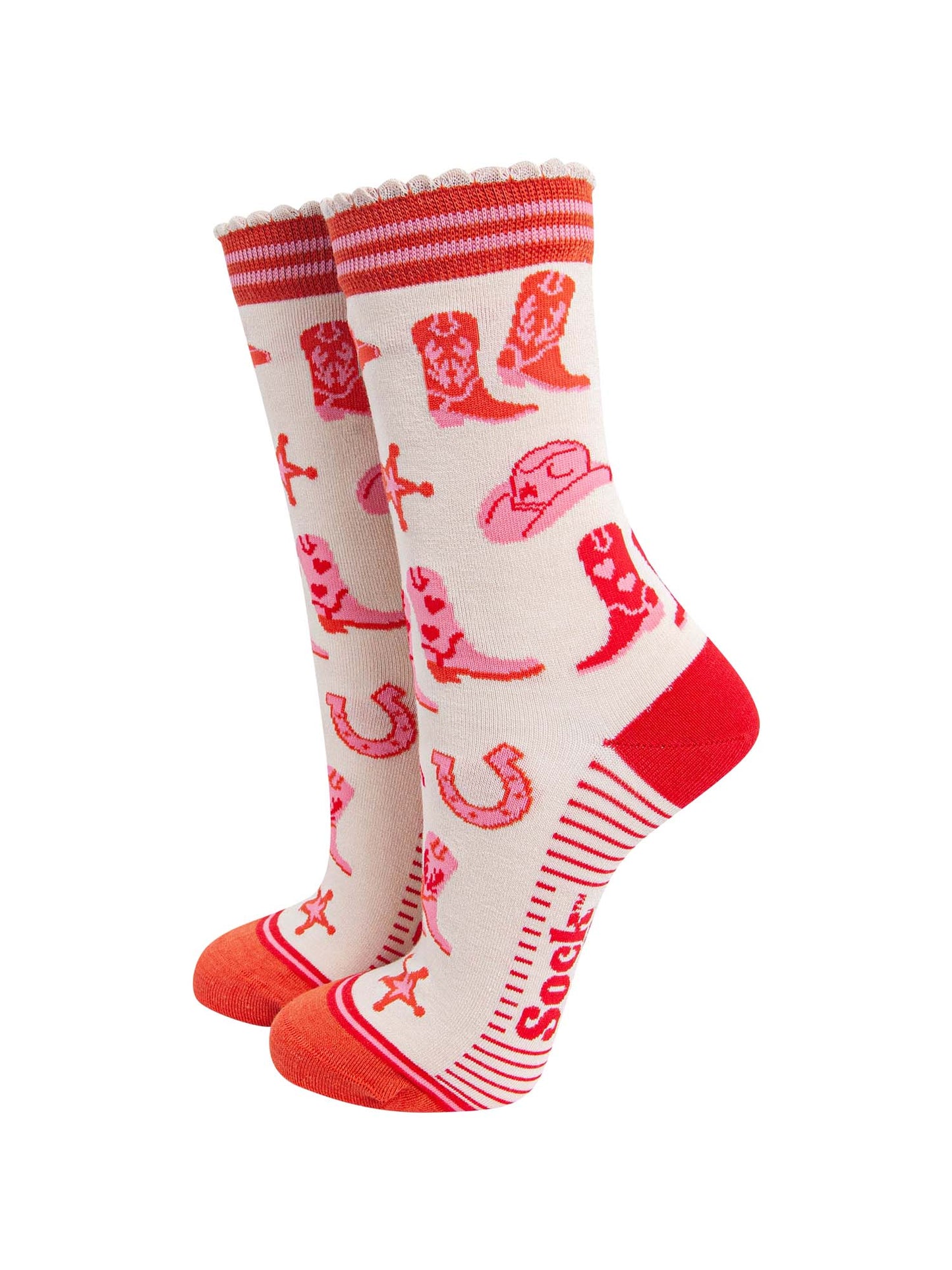 womens-bamboo-socks-cream-western-cowboy-pattern-cowboy-boots-horseshoes-sherrif-badges-cowboy-hats