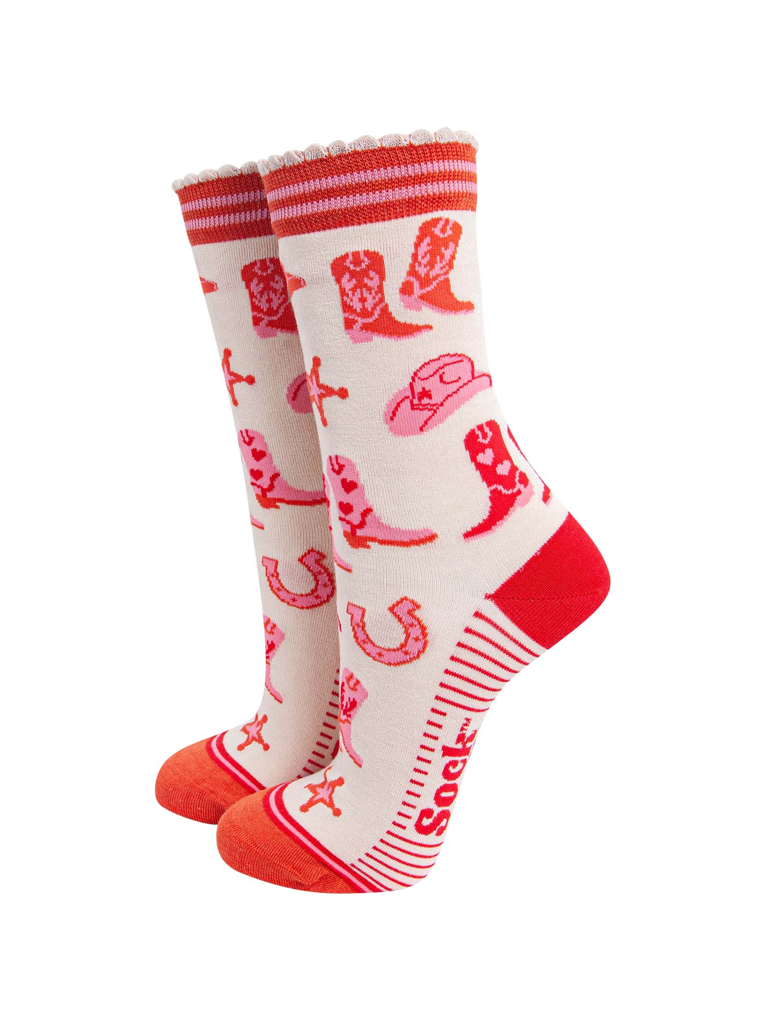 womens-bamboo-socks-cream-western-cowboy-pattern-cowboy-boots-horseshoes-sherrif-badges-cowboy-hats